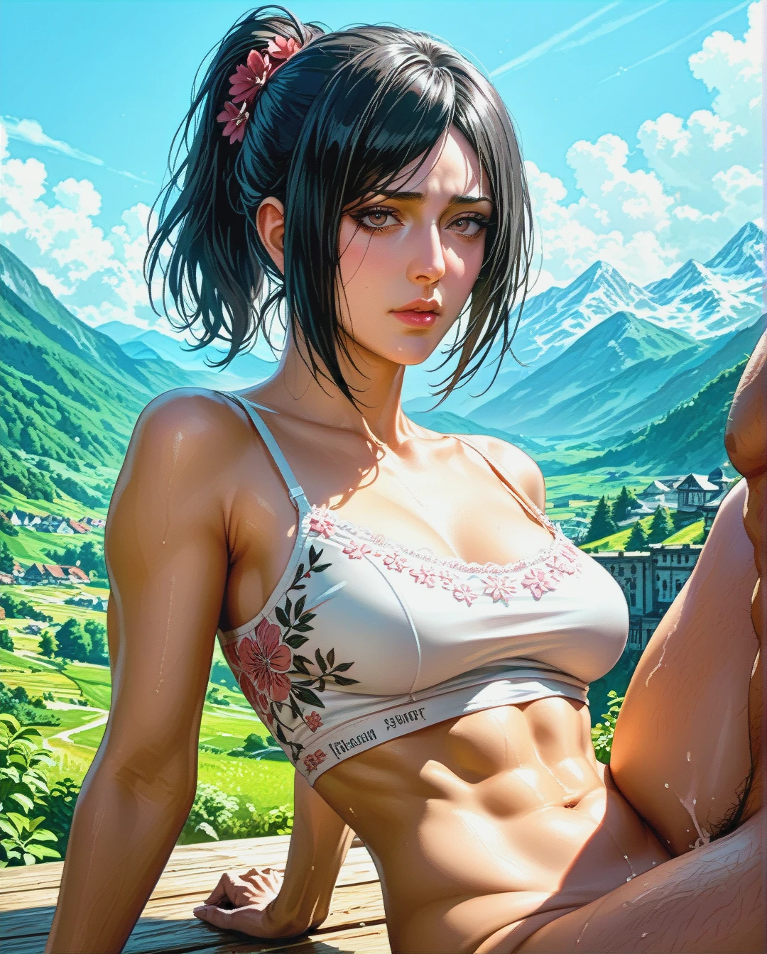 Sarada uchiha, mature, attack on Titan, sex sex penetrated, mountains,,High Real Realistic Realistic, ponytail ponytail, medium breast,crop top white camisole pink floral,