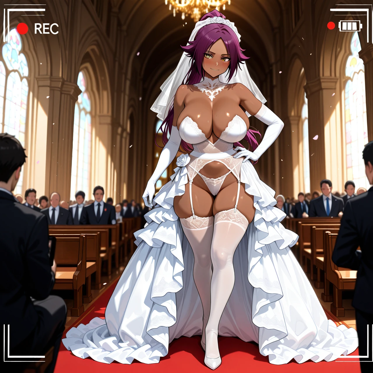 yoruichi shihouin, wedding dress, garter belt, very huge anal beads, perfect body, curvy figure,full body visible face , church, (hand_on_hip) , (light_smile) , recording cam, people, (blush)