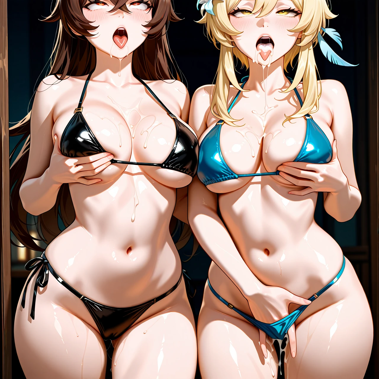 @amber, @lumine , bikini , open mouth , cum coming out of mouth , tow girls , big chest , tongue long , half-open eyes , The light in the corner , ahegao , glare , female masturbation , fingering , grab breast ,