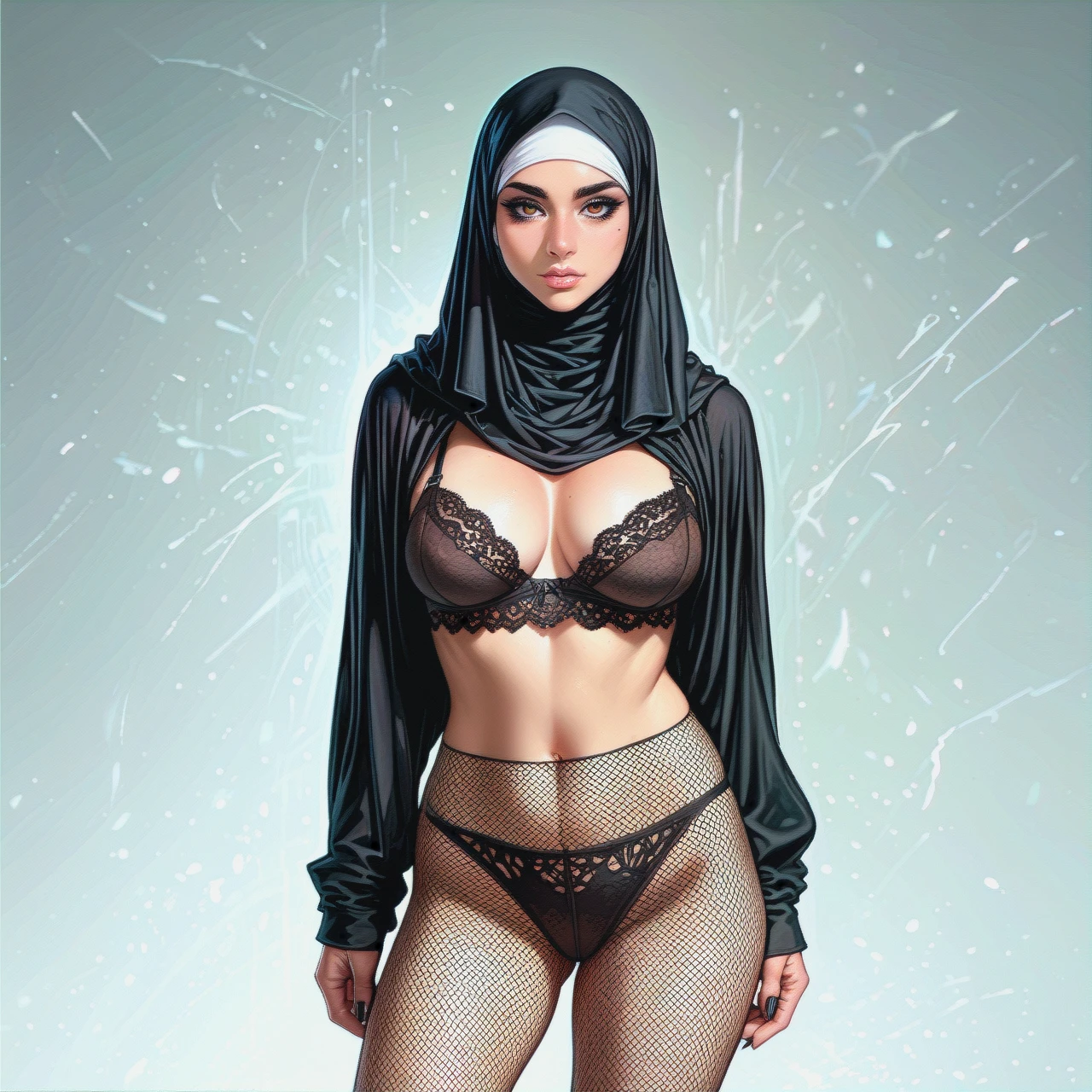 Hot black hijab 1 women in lace bra , fishnet stockings seelvless , standing detailed skin face body