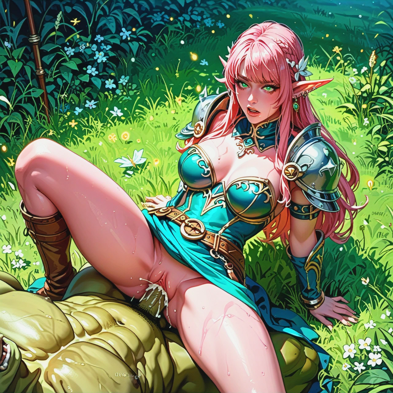 very very pink skin elf very very pink skin from_above who is dressed in protective armor of elves of green color experiences an orgasm, very very orgasm bare chest in a night field with grass in the light of the moon and the light of fireflies vaginal sex witch green orc