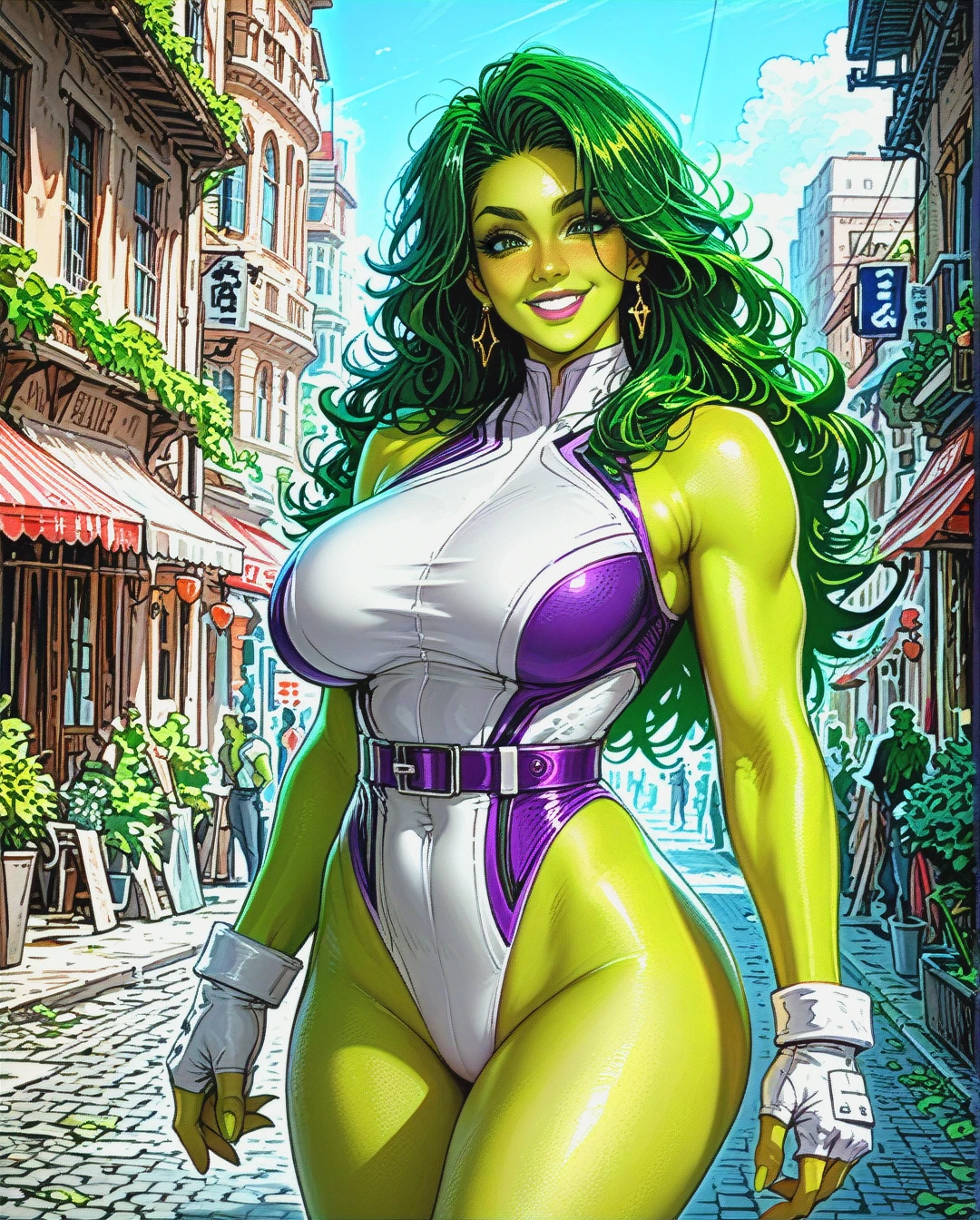 She-hulk, smiling, bright green skin, green hair, large breasts, skinny waist, thicc thighs, thicc hips, purple and white two tone sleeveless pantless bodysuit, purple belt, white fingerless gloves, white boots, hands on hip, city