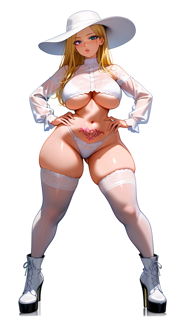 ,blonde,blue eyes, eyelashes,big lips, freckles,(curvy) ,(large_breasts) ,big hips, narrow waist,big womb tattoo on pubis,white background, standing, legs apart,hands on hips ,white lace shirt,(underboob),white lace panties, white lace sleeves,no hair,white lace stockings ,White heels boots,white panama hat,