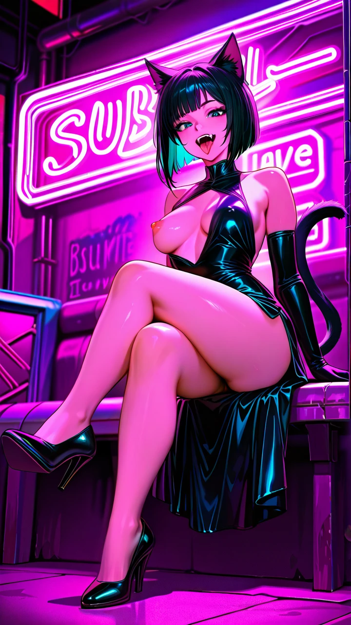 Catgirl, fangs, retro anime style,retro, nipples, retro anime background, cyberpunk city, tongue, dress, (prostitution), looking on viewer,  vintage wave, detailed, 8k, hires, best quality, neon light, cat tail, (crossed_legs), high heels shoes,