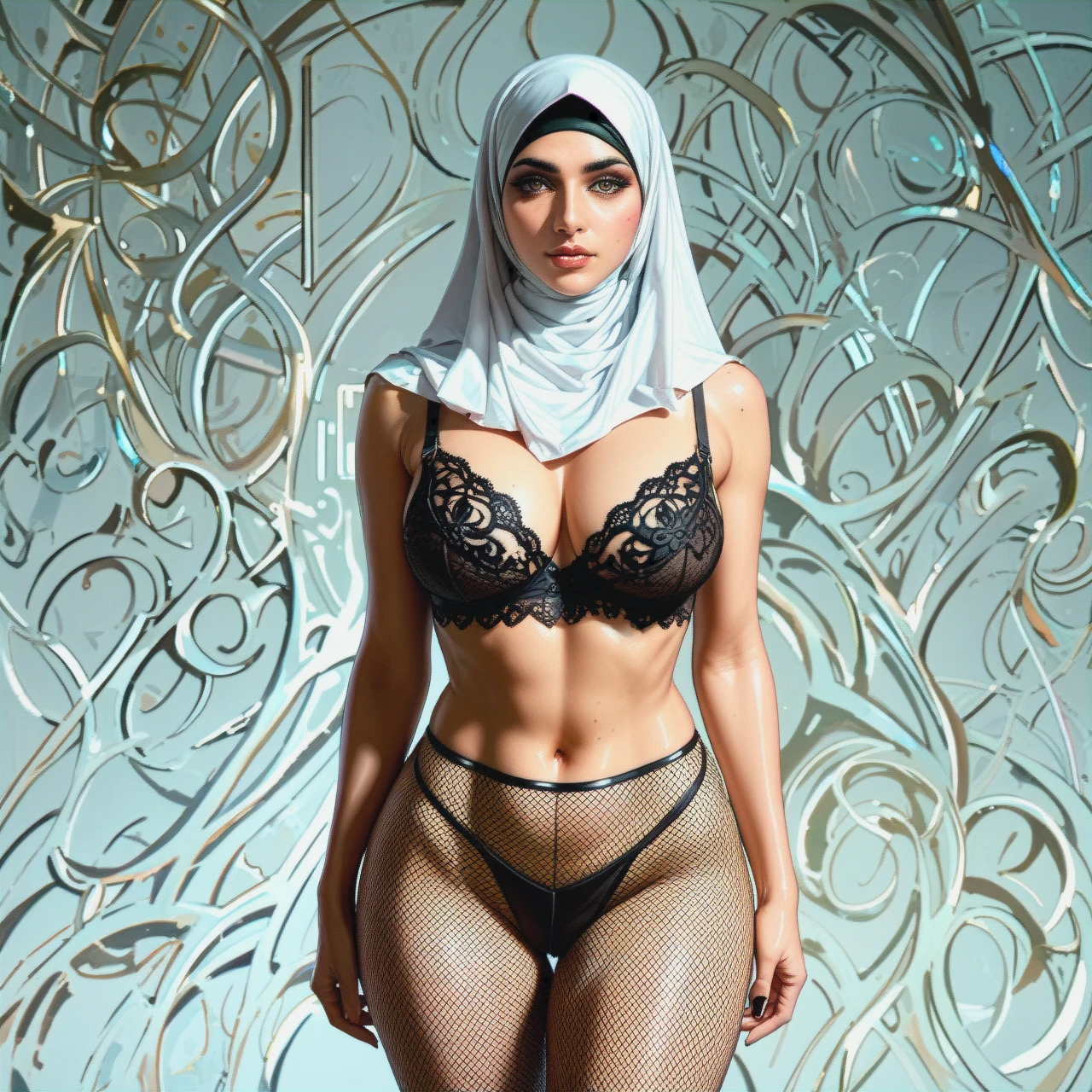 Hot 1 women hear covered by hijab in lace bra , fishnet stockings seelvless , standing detailed skin face body