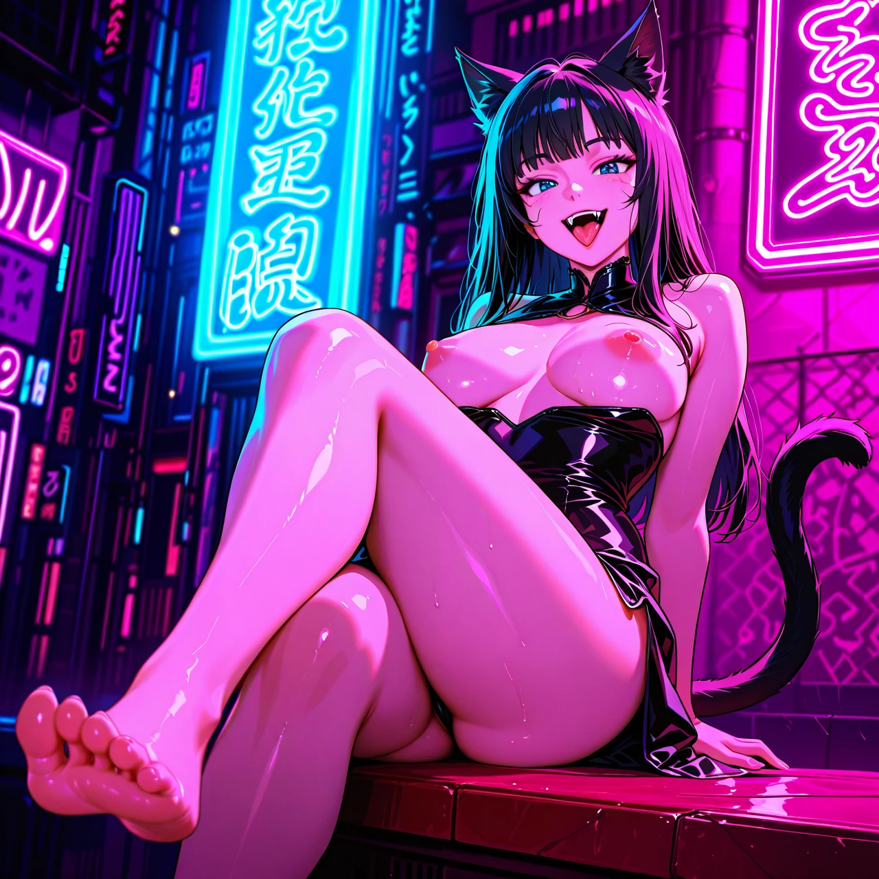 Catgirl, fangs, retro anime style,retro, nipples, retro anime background, cyberpunk city, tongue, dress, (prostitution), looking on viewer,  vintage wave, detailed, 8k, hires, best quality, neon light, cat tail, high hills, (crossed_legs),