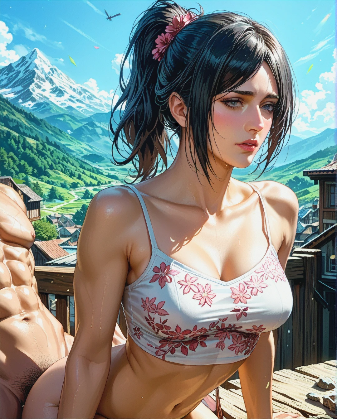 Uchiha sarada, mature, attack on Titan, sex sex penetrated, mountains,,High Real Realistic Realistic, ponytail ponytail, medium breast,crop top white camisole pink floral,