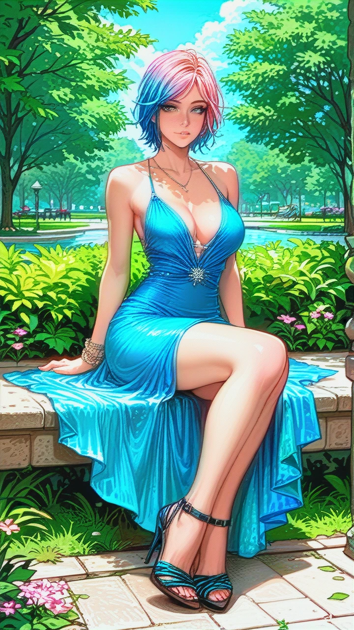 Chloe Price, beautiful eyes, busty, cleavage, sexy blue dress, summer dress, legs, heels, sitting, in park