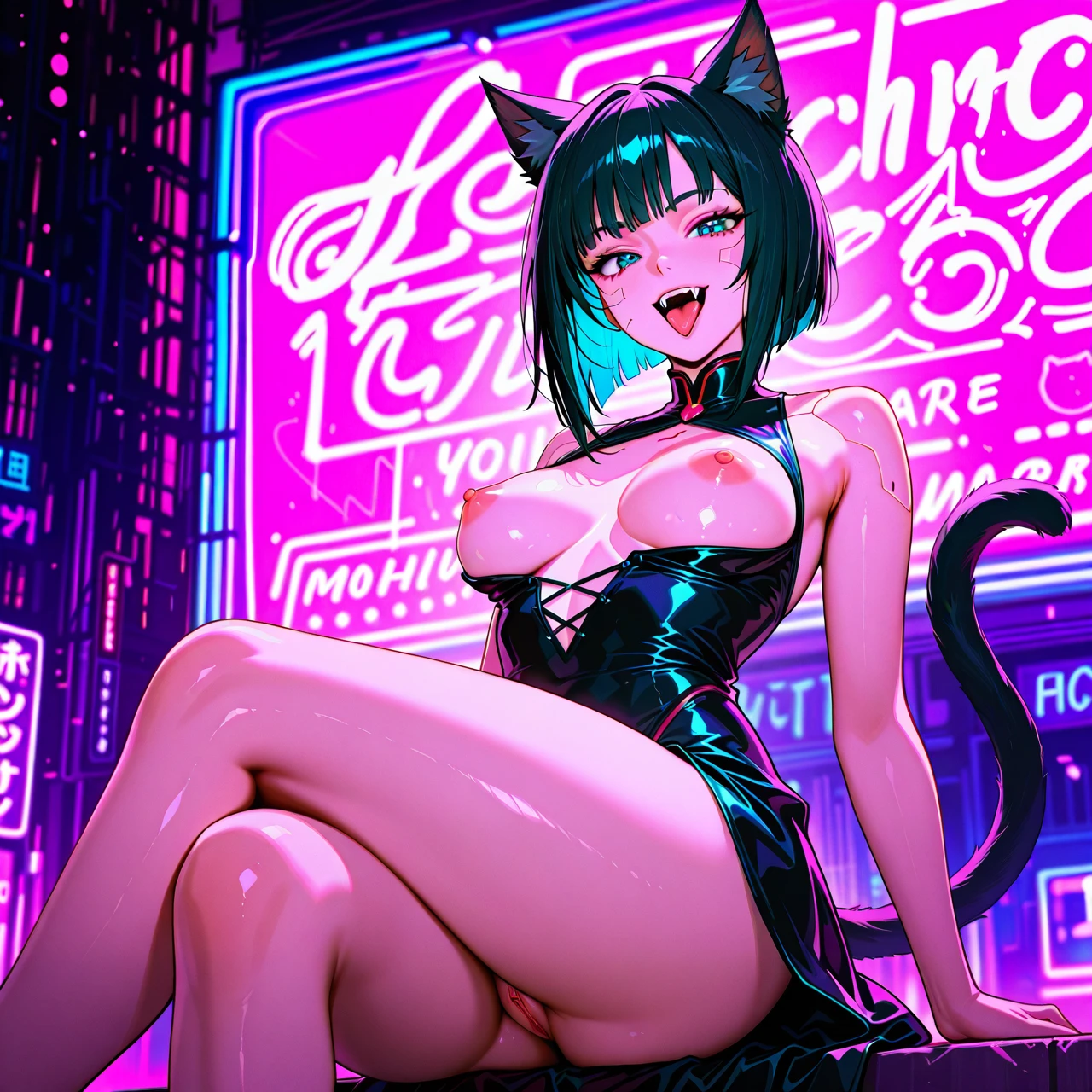 Catgirl, fangs, retro anime style,retro, nipples, retro anime background, cyberpunk city, tongue, dress, clitoris, (prostitution), looking on viewer,  vintage wave, detailed, 8k, hires, best quality, neon light, cat tail, high hills, (crossed_legs)