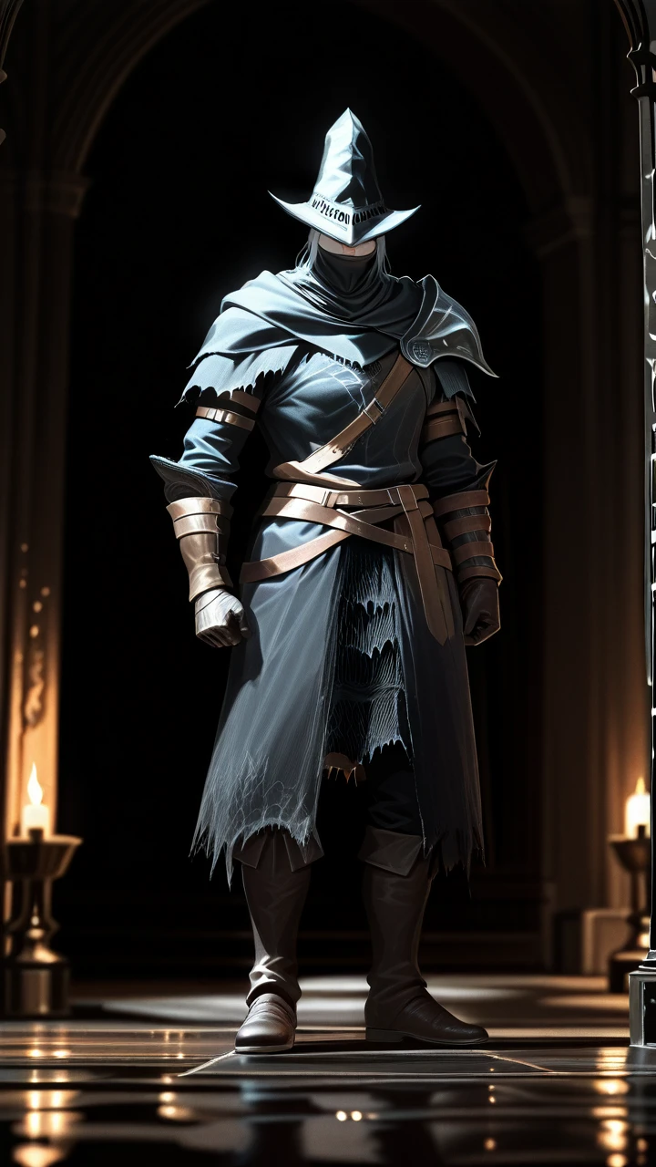 Take the photo so that their entire body is visible in the image, from head to toe.     The abyss watcher in dark souls Game.  He have red eyes and white hair.  He stand In a dark room.  He have a muscular and skinny body.  He have a iron Army.  (standing)