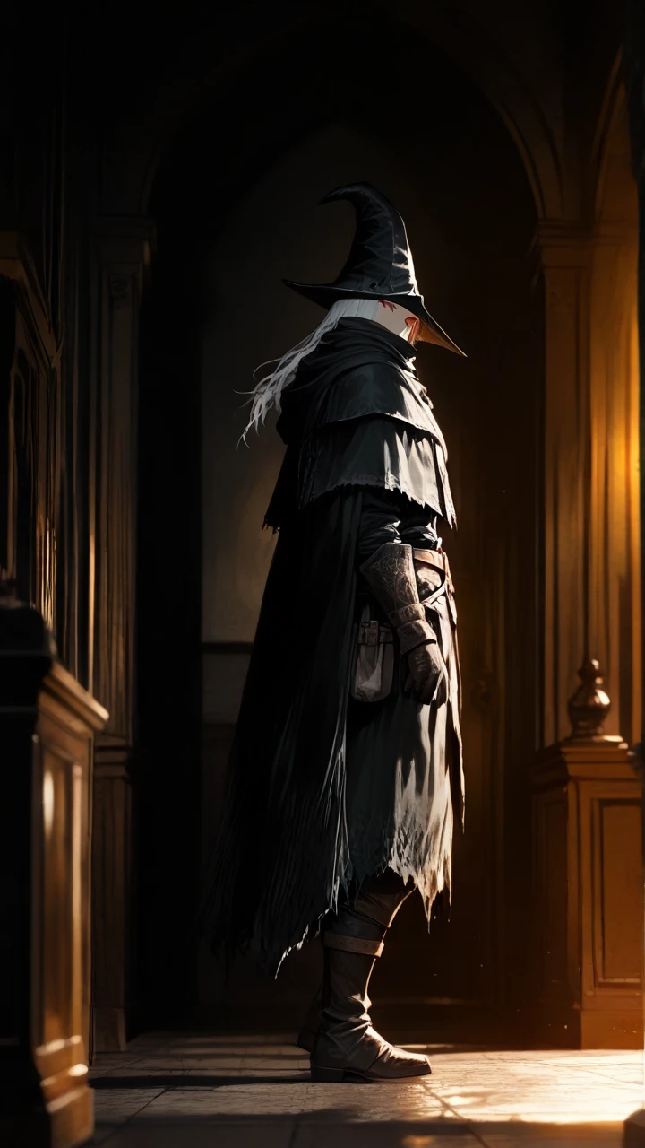 Take the photo so that their entire body is visible in the image, from head to toe.     The abyss watcher in dark souls Game.  He have red eyes and white hair.  He stand In a dark room.  (standing)