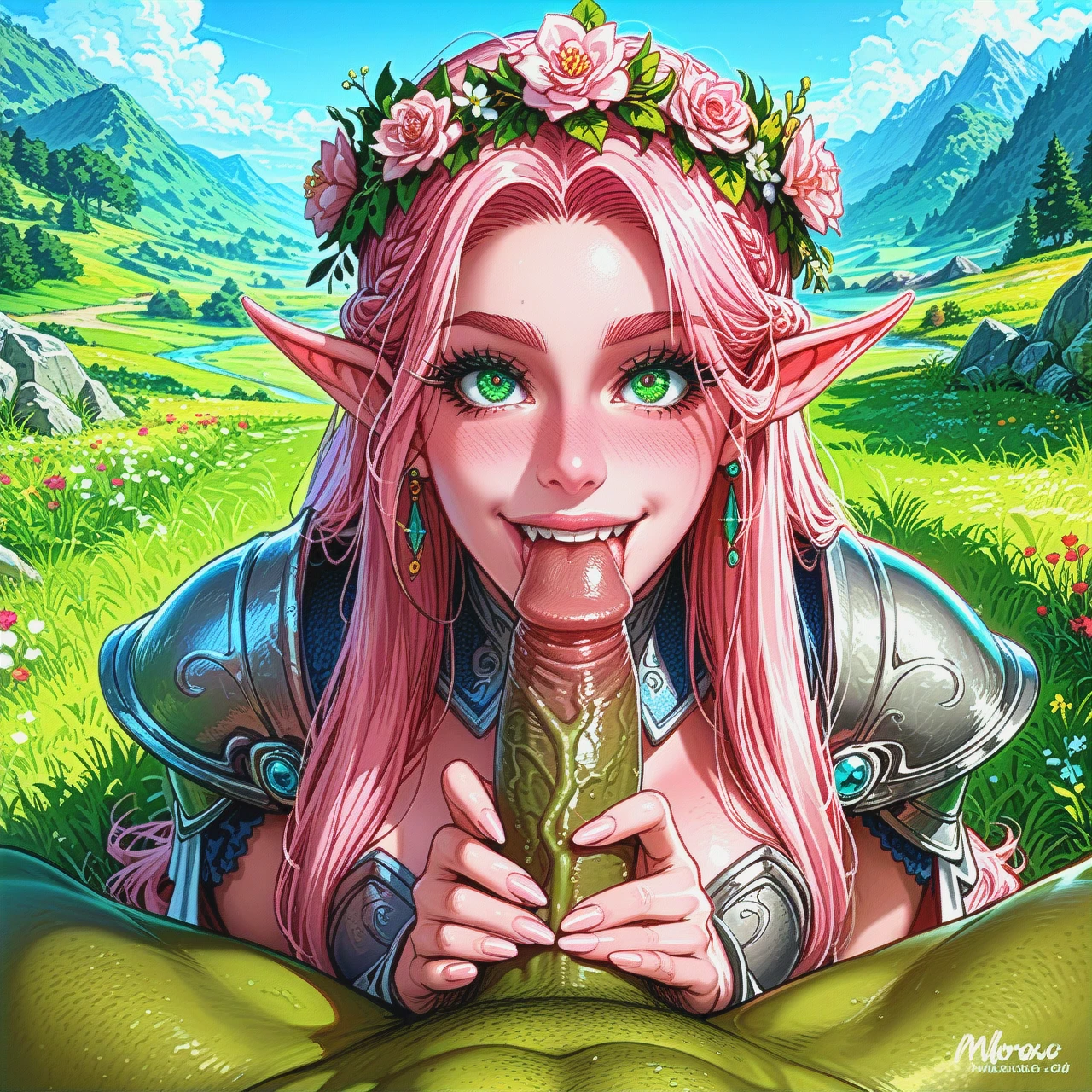 very very pink skin elf very very pink skin queen of elves, the face of the queen, wide smile, long hair, a wreath of elves on her head, a beautiful face, blowjob 1 penis orc feels love, very very love who is dressed in protective armor of elves of green color on a field with grass  blowjob penis orc witch green orc