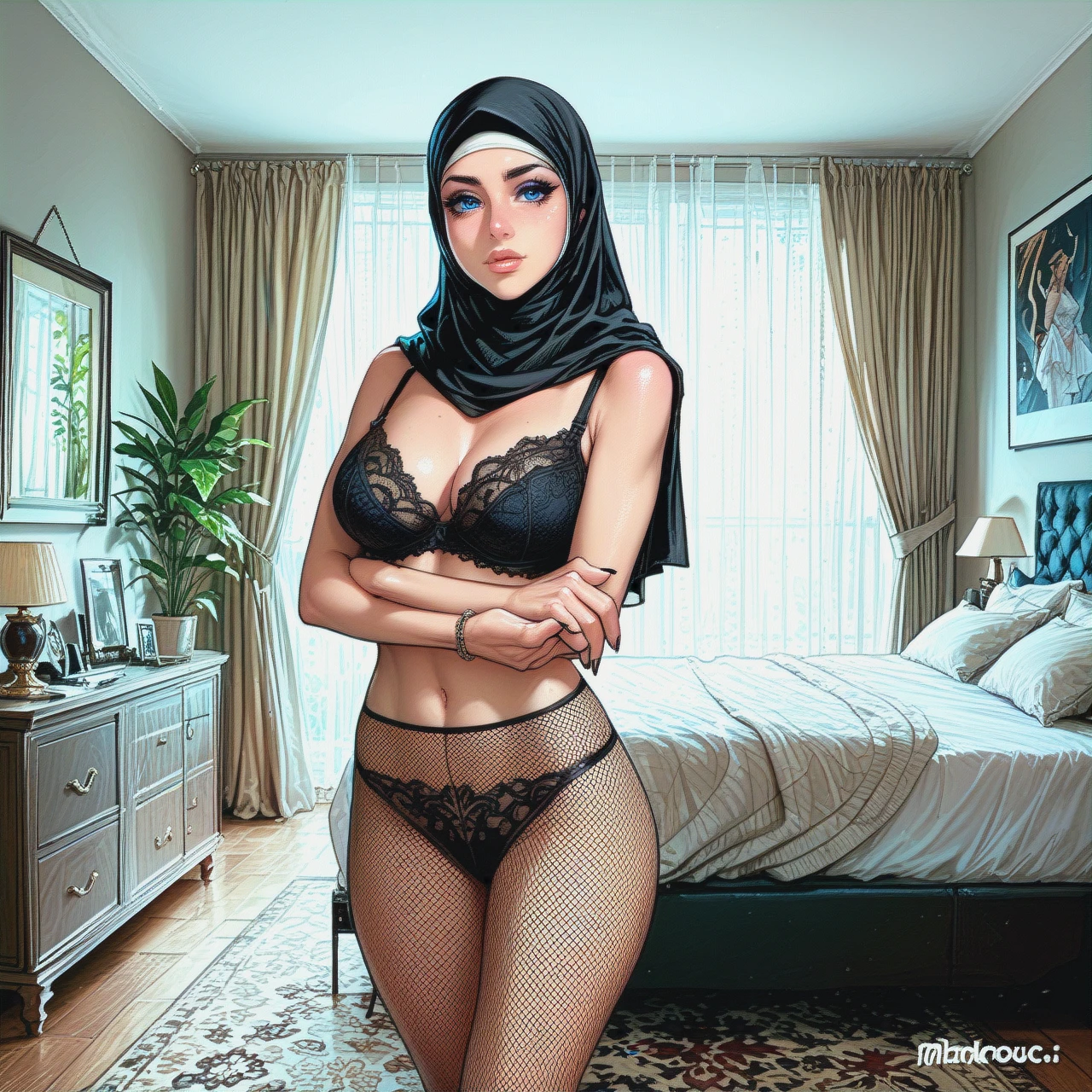 1 black hijab women,blue eyes, bra, fishnet legging standing in bedroom