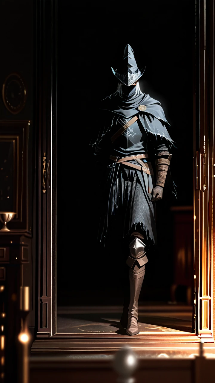 Take the photo so that their entire body is visible in the image, from head to toe.     The abyss watcher in dark souls Game.  He have red eyes and white hair.  He stand In a dark room.  He have a skinny body.  He have a iron Army.  (standing)