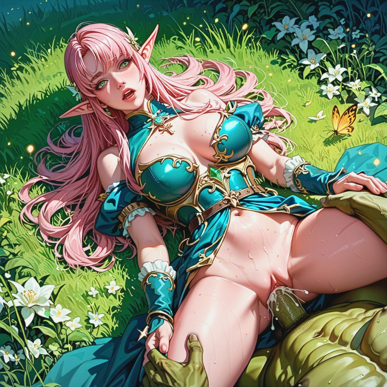 very very pink skin elf very very pink skin from_above who is dressed in protective armor of elves of green color experiences an orgasm, very very orgasm bare chest in a night field with grass in the light of the moon and the light of fireflies vaginal sex witch green orc