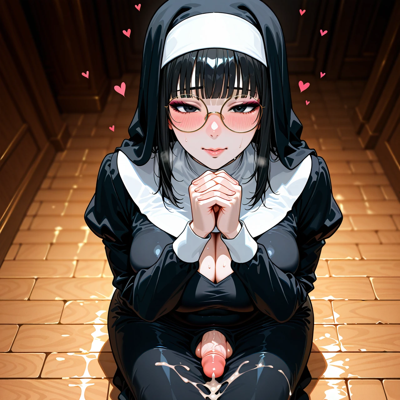 18+ Horny Tired Face Straight Large pale skin, makeup, voluptuous, horny, black hair, hair bangs, black eyes, blushing, love hearts, weak light, hearts, plump lips, snatched waist, anime, anime art style, blunt bangs, round glasses, futanari, medium dick, big balls, cum on balls, expression cum, kneels, cum on legs, vein dick, wide angle, exposed breasts, sideboobs cleavage, own hands clasped, prayer pose, praing, nun