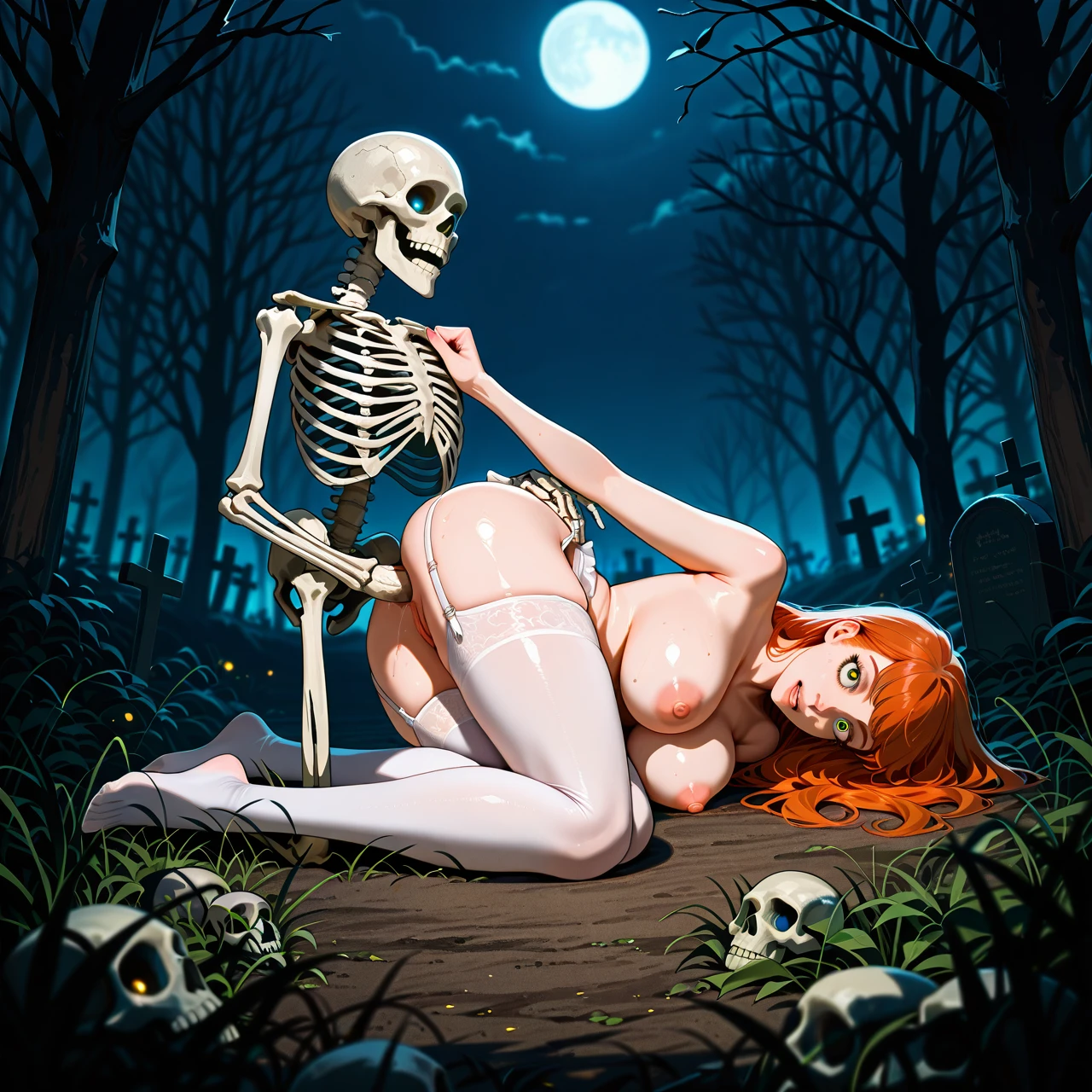 18+ Laying Spooning Sex (skull_fucking) daphne blake from scooby doo, (daphne having spooning anal sex with comic skeleton:1.2), large natural breasts, puffy aereola, erect pink nipples, nipples exposed, sexy, white stockings and garter belt, exposed breasts, (skeleton has large and bright googly eyes:1.2), large breasts dangling, looking at viewer, in country graveyard, spooky, haunted, front view, side view, close up, close up, night, dimly lit, moonlight, full body, visible faces,