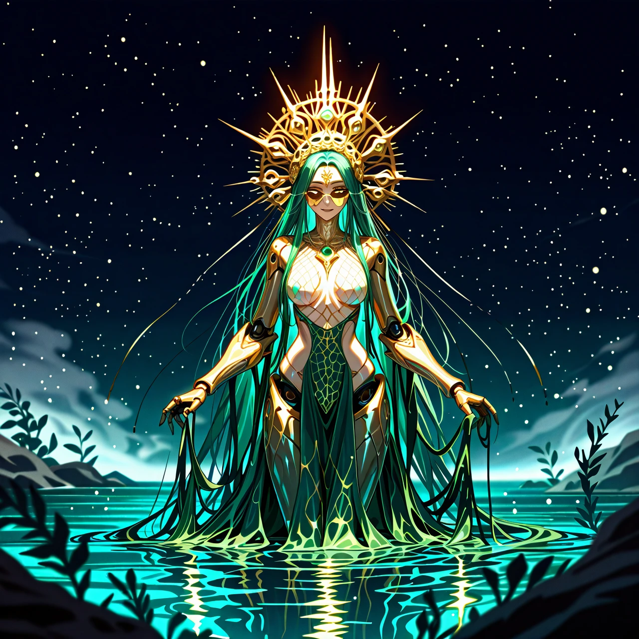 A striking scene set on a distant alien world, showcasing a female humanoid with an eel-like body structure and bipedal exoskeleton. The alien stands tall, her skin glistening in shades of deep sapphire and emerald, with iridescent scales that reflect light in beautiful patterns. Her limbs are slender yet strong, with elegant joints that suggest both grace and power.   The alien's face is expressive, featuring large, luminous eyes that glow softly, surrounded by delicate fins that frame her head like a crown. Her hair resembles flowing seaweed, cascading down her back and gently swaying as if in water.    The mood is otherworldly and serene, inviting the viewer to explore this unique being and her environment. Soft, diffused lighting enhances the textures of her skin and the alien flora, creating a harmonious blend of colors.   The composition focuses on the alien in the foreground, with an upward perspective that emphasizes her height and majesty. The surrounding elements draw the eye toward her, while the g