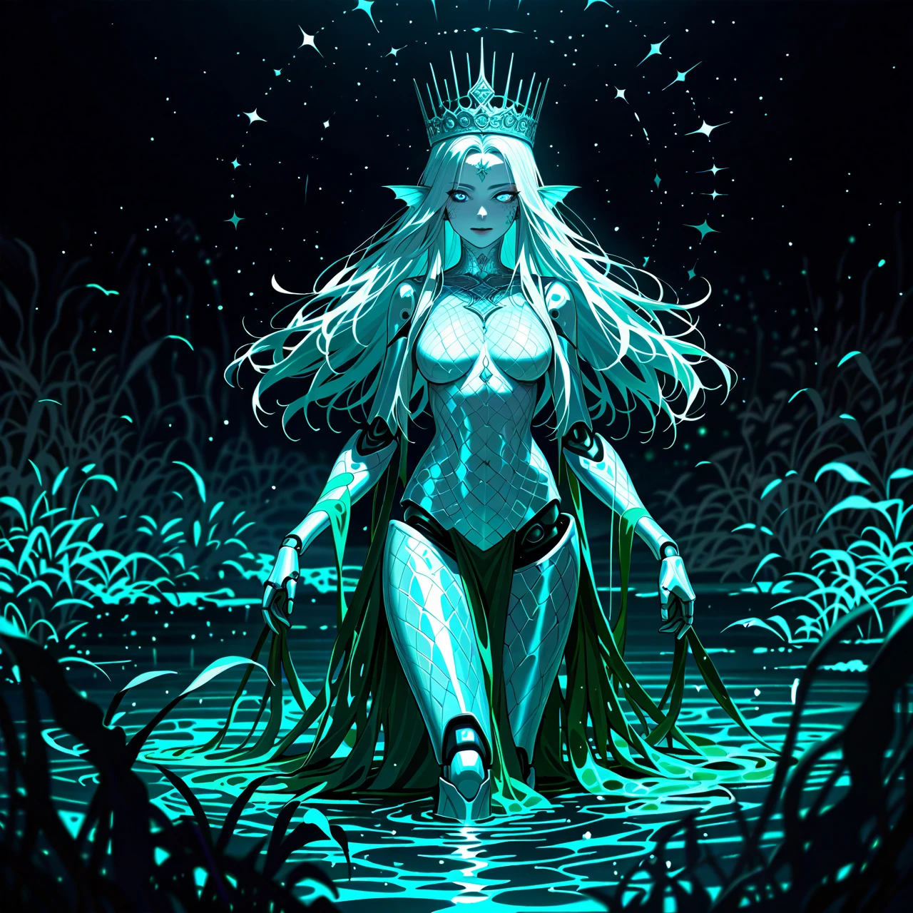 A striking scene set on a distant alien world, showcasing a female humanoid with an eel-like body structure and bipedal exoskeleton. The alien stands tall, her skin glistening in shades of deep sapphire and emerald, with iridescent scales that reflect light in beautiful patterns. Her limbs are slender yet strong, with elegant joints that suggest both grace and power.   The alien's face is expressive, featuring large, luminous eyes that glow softly, surrounded by delicate fins that frame her head like a crown. Her hair resembles flowing seaweed, cascading down her back and gently swaying as if in water.    The mood is otherworldly and serene, inviting the viewer to explore this unique being and her environment. Soft, diffused lighting enhances the textures of her skin and the alien flora, creating a harmonious blend of colors.   The composition focuses on the alien in the foreground, with an upward perspective that emphasizes her height and majesty. The surrounding elements draw the eye toward her, while the g