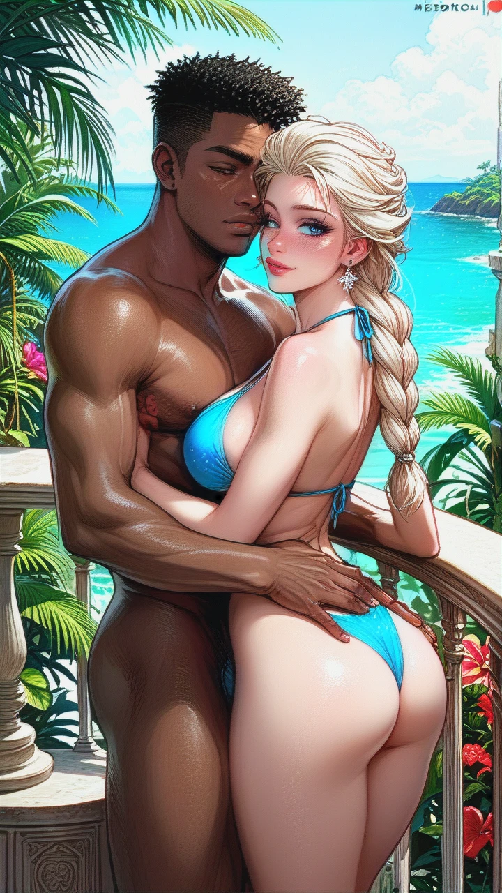 Elsa, braid, busty, bikini, ass, hand on ass, cuddling her black boyfriend, white female with Black male, dark skinned male, on balcony, tropical paradise