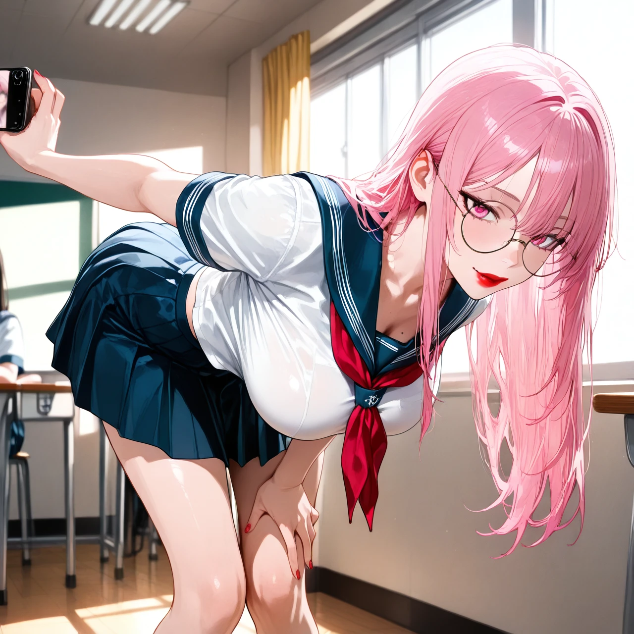 Girl with long pink hair, red lipstick, round eyeglasses, (large_breasts), skinny body, school uniform, bent over, school,(taking_picture),