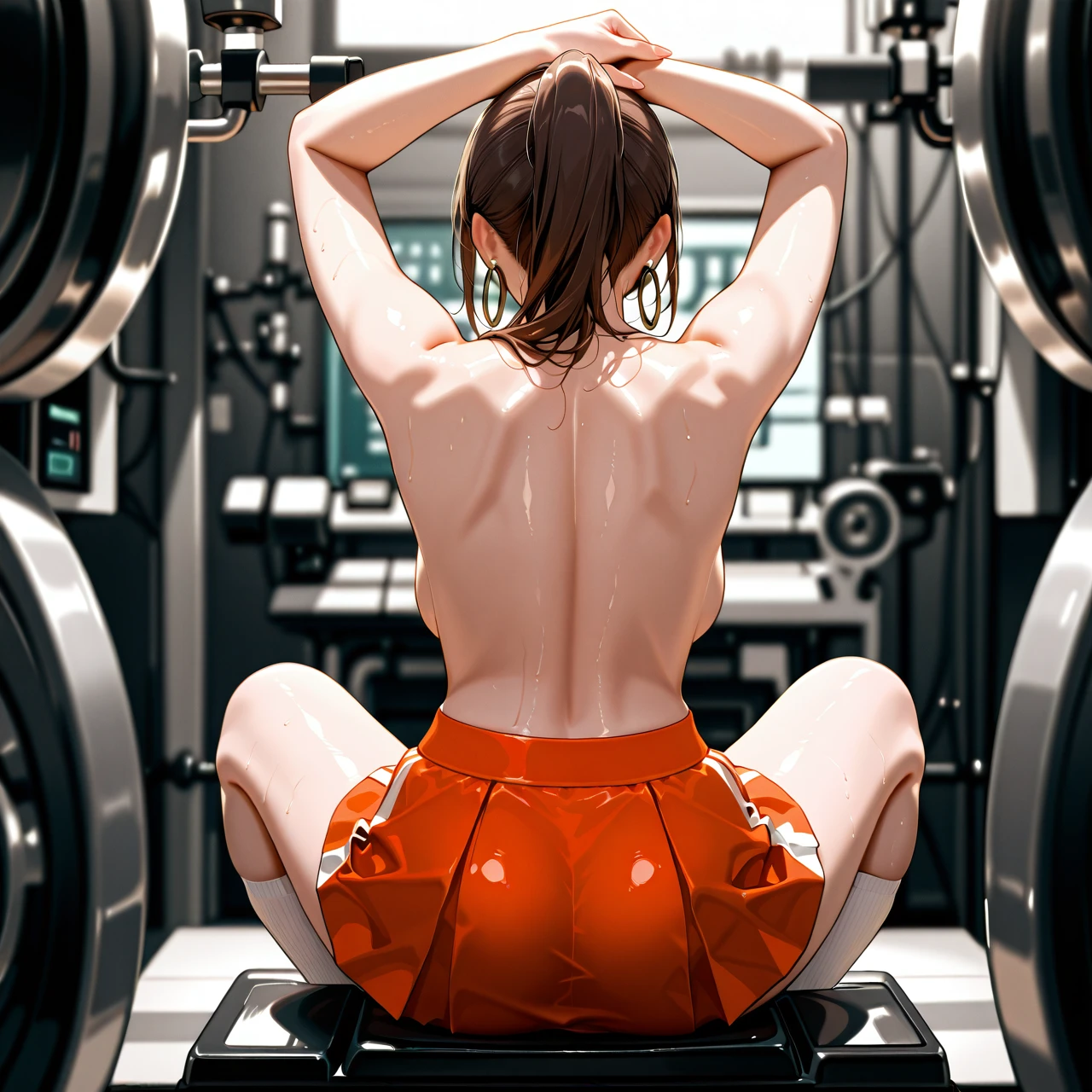 woman, man, , , (upright_straddle), (clothed_female_nude_male), full body, pounding, brown hair, ponytail, back view, excited, tennis skirt, ahegao, hoop earrings, socks, topless, (arms_up), sitting, weight machine