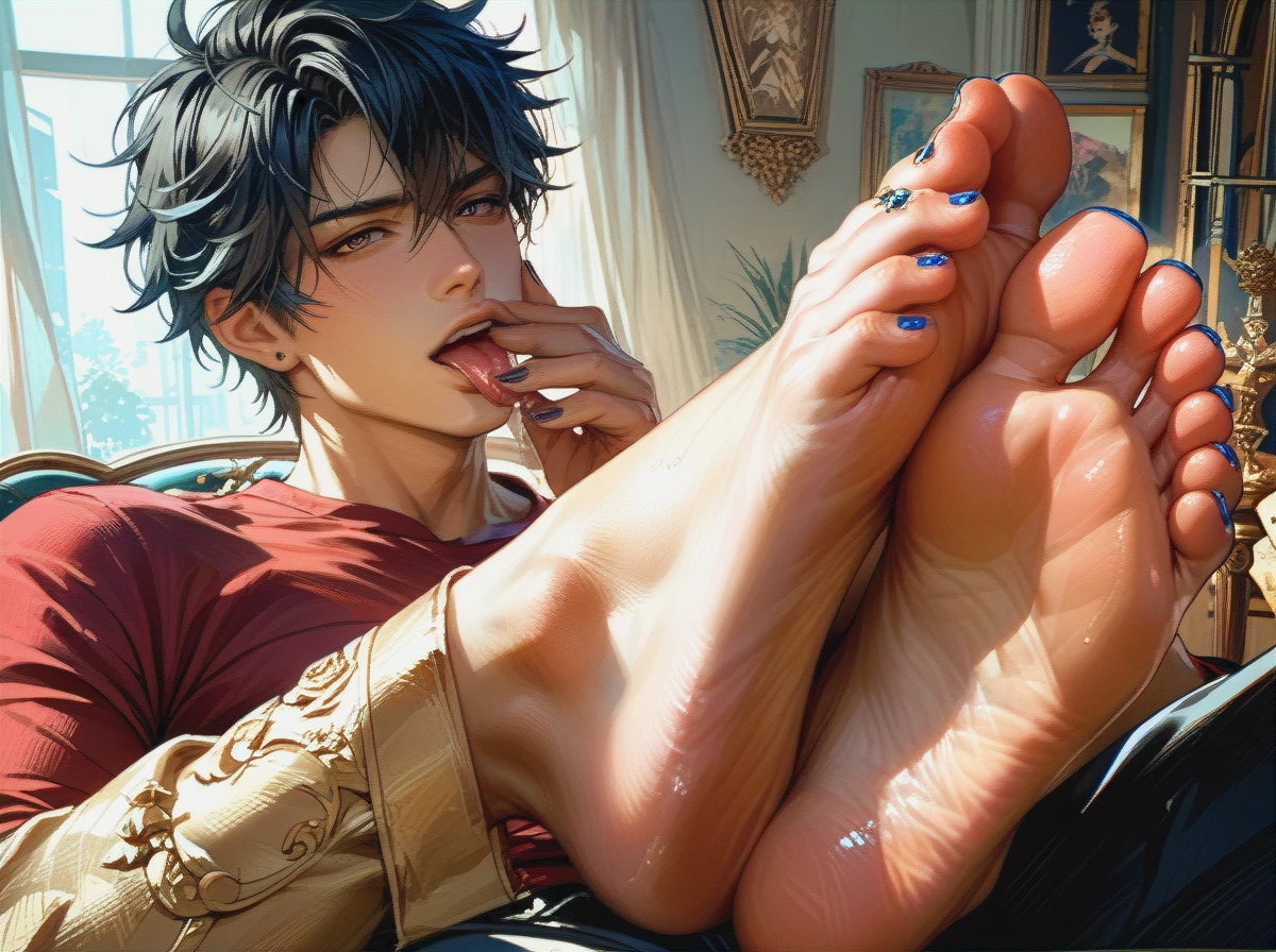 (licking_foot)  boy lick her feet