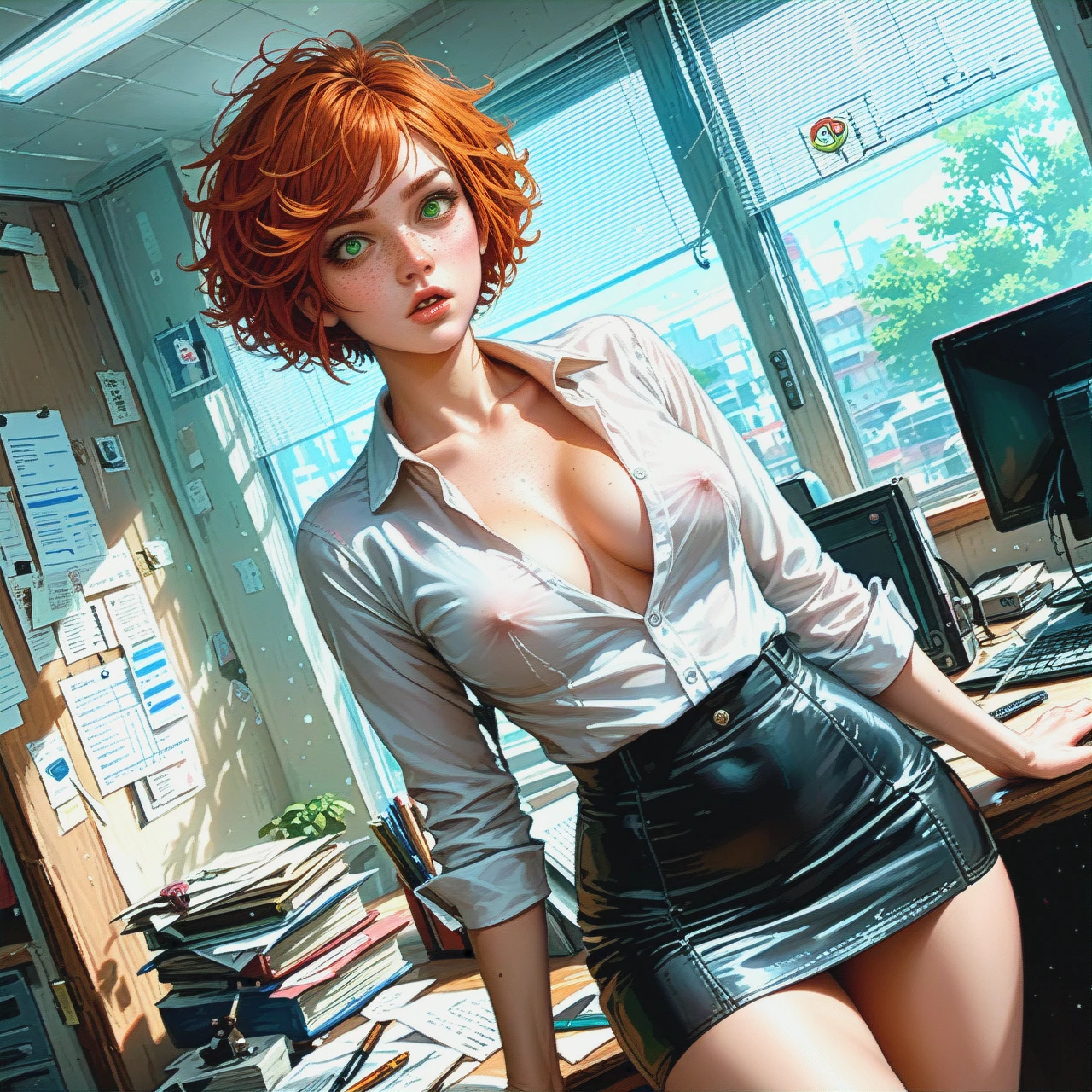 petite redhead standing, freckles, green eyes, messy pixie haircut, big mouth, curious face, office, white shirt, cleavage, braless, nipple bulges, black mini skirt, detailed, realistic, dynamic angle