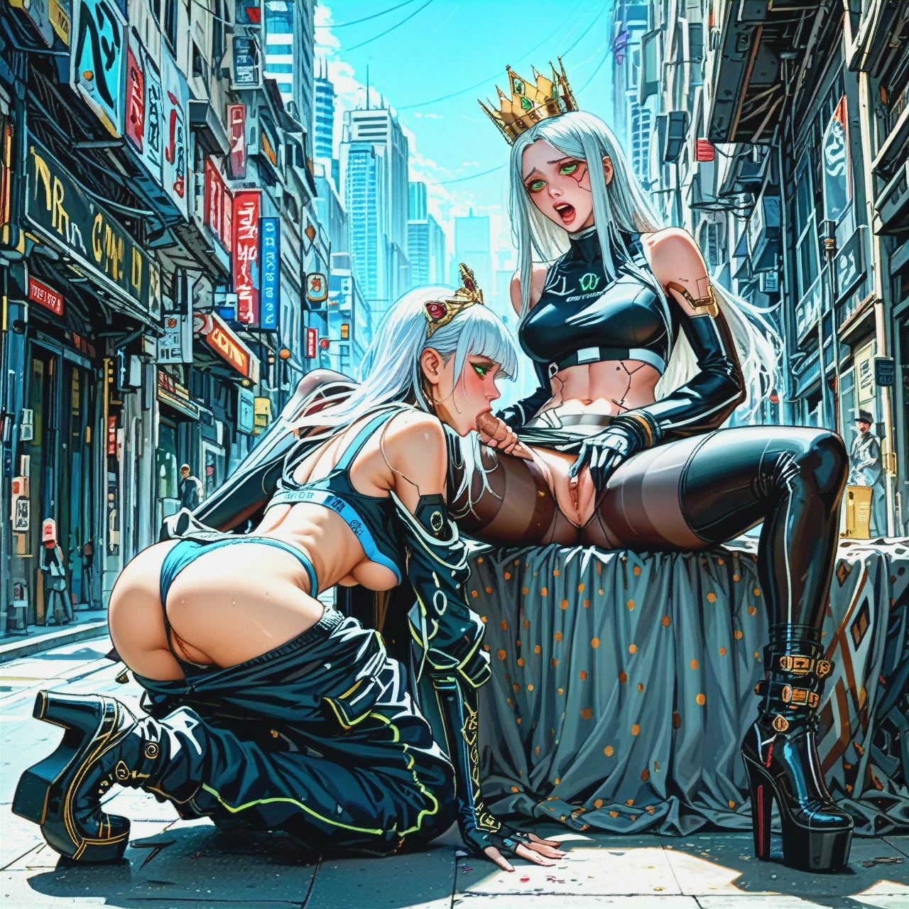 2girl, two girls fellatio, FINGERING, ahegao, showing_pussy,arm_up, pants_pull,jewelry,gray_sports bra,black_boots, white_dress,leg_warmers,gold_crown,panties_visible,platform_heels, baggy_pants,pantyhose_pull,hand_on panties, city_background, cyberpunk, @frieren