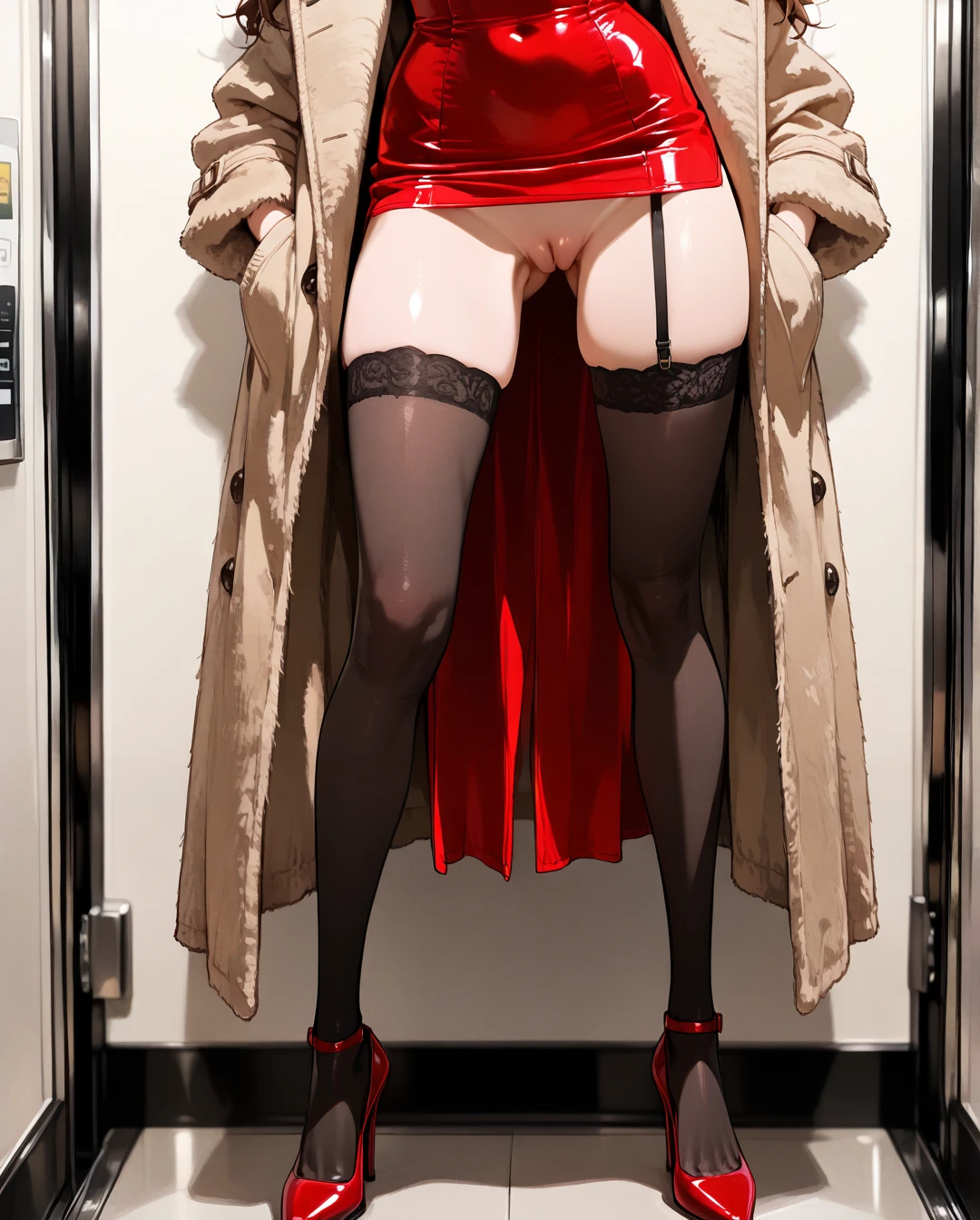 In the elevator ,Fur brown coat, evening red dress,black stockings,high heels,beads,long brown hair,shaved pussy,skinny,tanned,sex