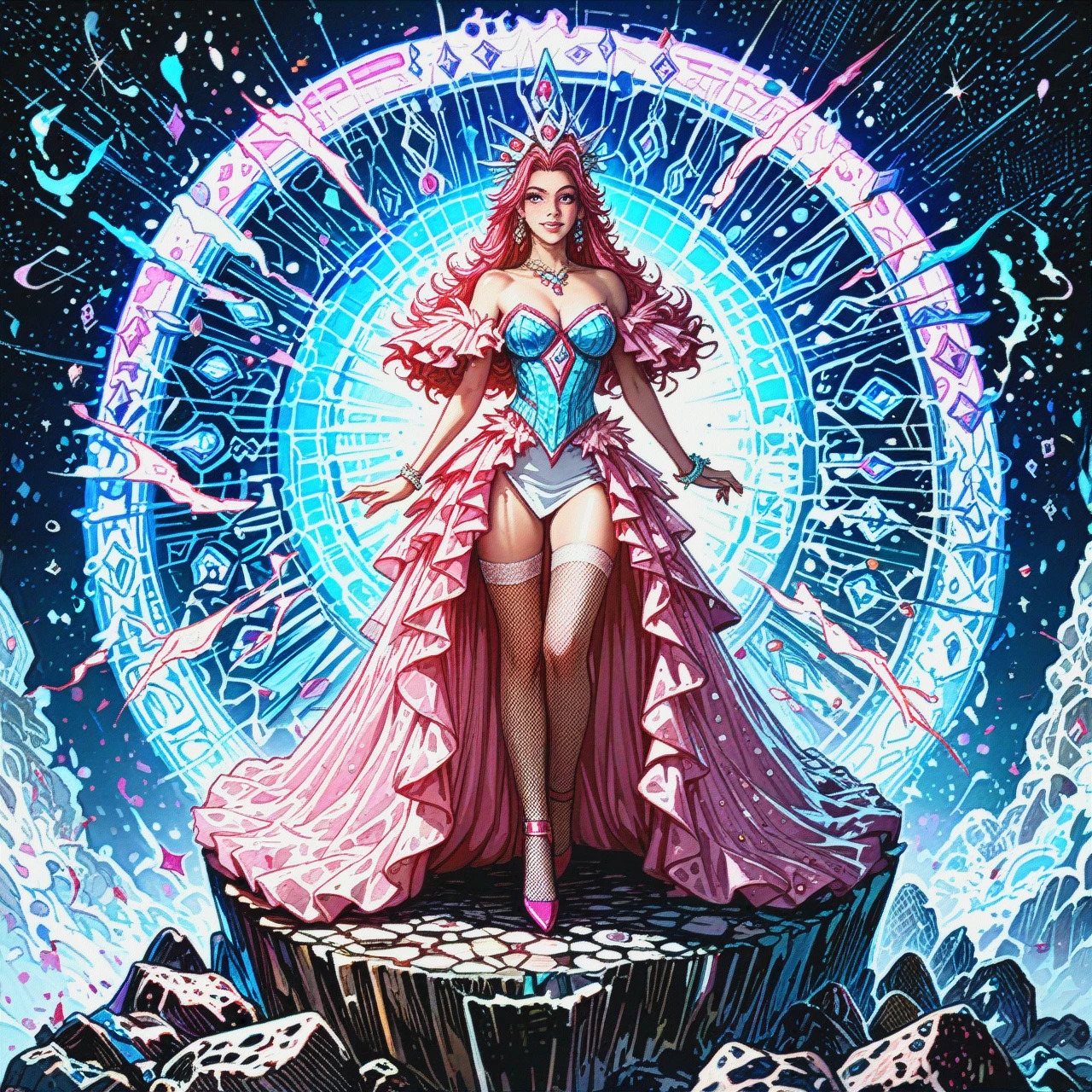 A woman in a shell-shaped, sparkly,  diamond-encrusted headpiece,  wearing fishnet stockings and pink sparkly high heels, seated in a rocky, earthy environment;  emphasize the glittering textures and vibrant colors, mimicking a vintage, glamorous, possibly 1970s-inspired style.