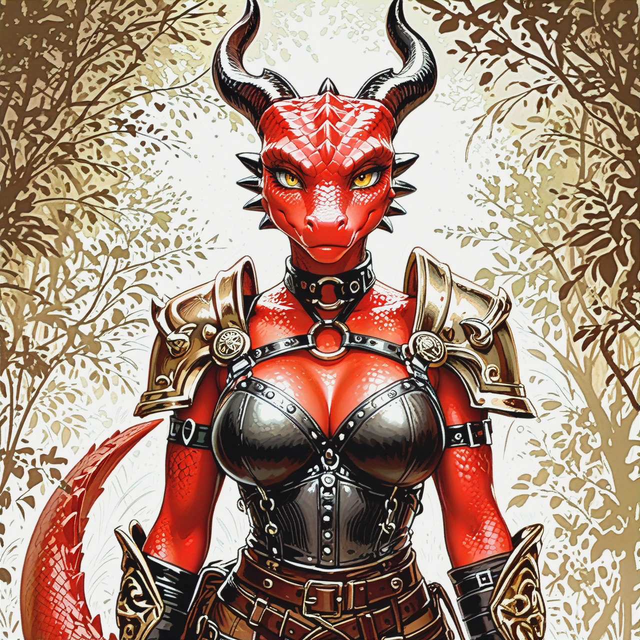 young scalie anthro dragon, black horns, cute, cute eyes, girl fantasy adventurer, leather armor, brown pants, harness,  large breasts, collar choker pretty face, narrow waist,  slim fit body, waist bag, yellow eyes, red scales, 3/4 view, Fantasy background,  realistic light, desaturated, ultra details, red skin, beige front,