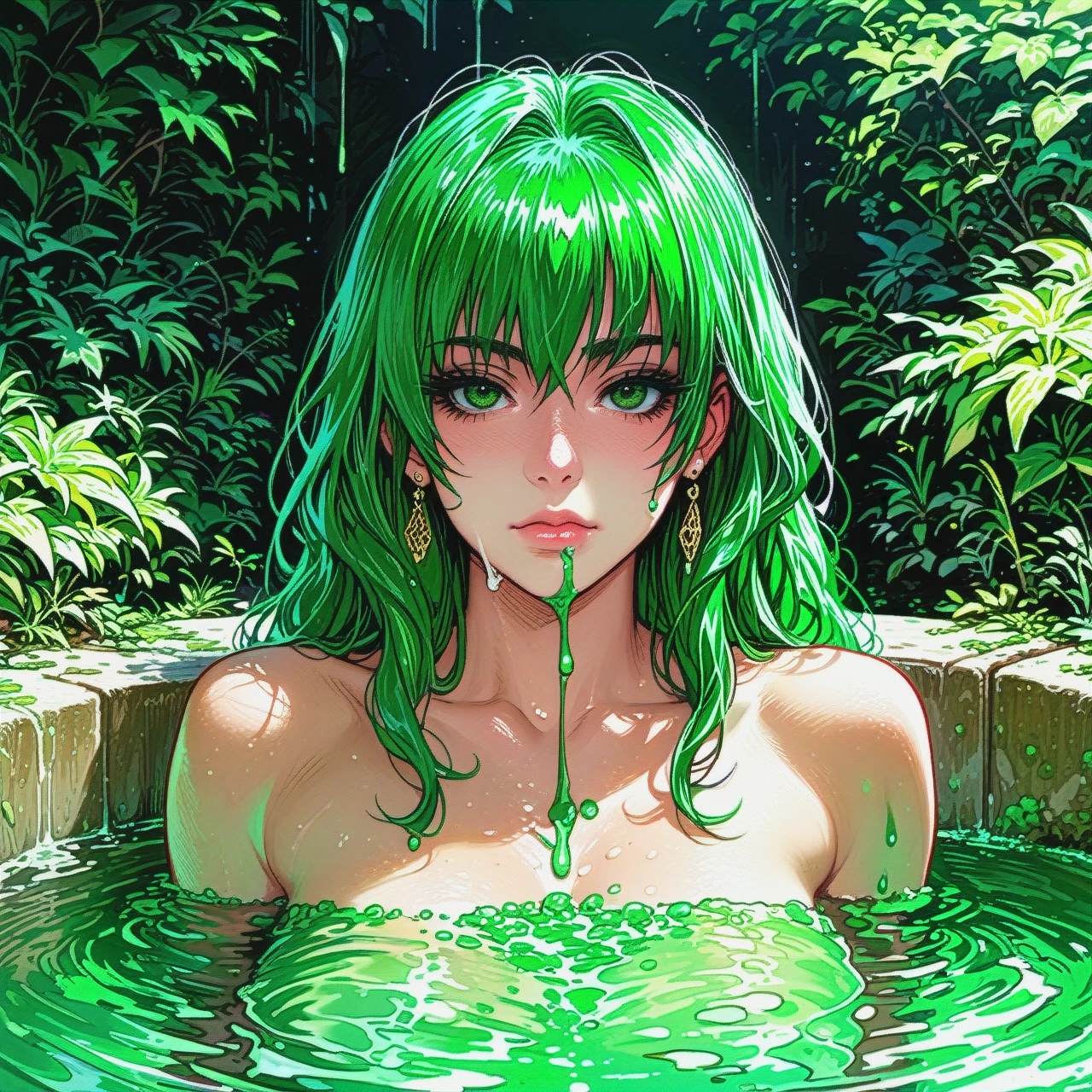 anime style, character, green, skin and hair. No mouth, no nose in a liquid bath