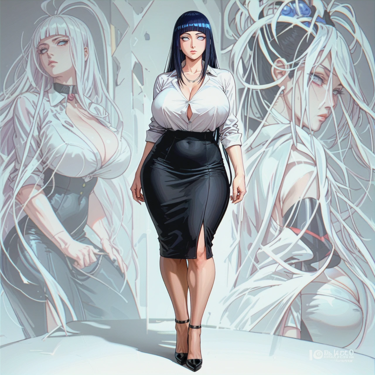 Hinata Hyuuga, expressionless, perfect body, big ass, huge breasts, Boruto: Naruto Next Generations, (mature_female), shoulder-length hair,  alone, (full body),Black high heels , Hotel Lobby  , (standing) , Deep black pencil skirt , White silk shirt , Deep black business suit ,  Deep black suit jacket