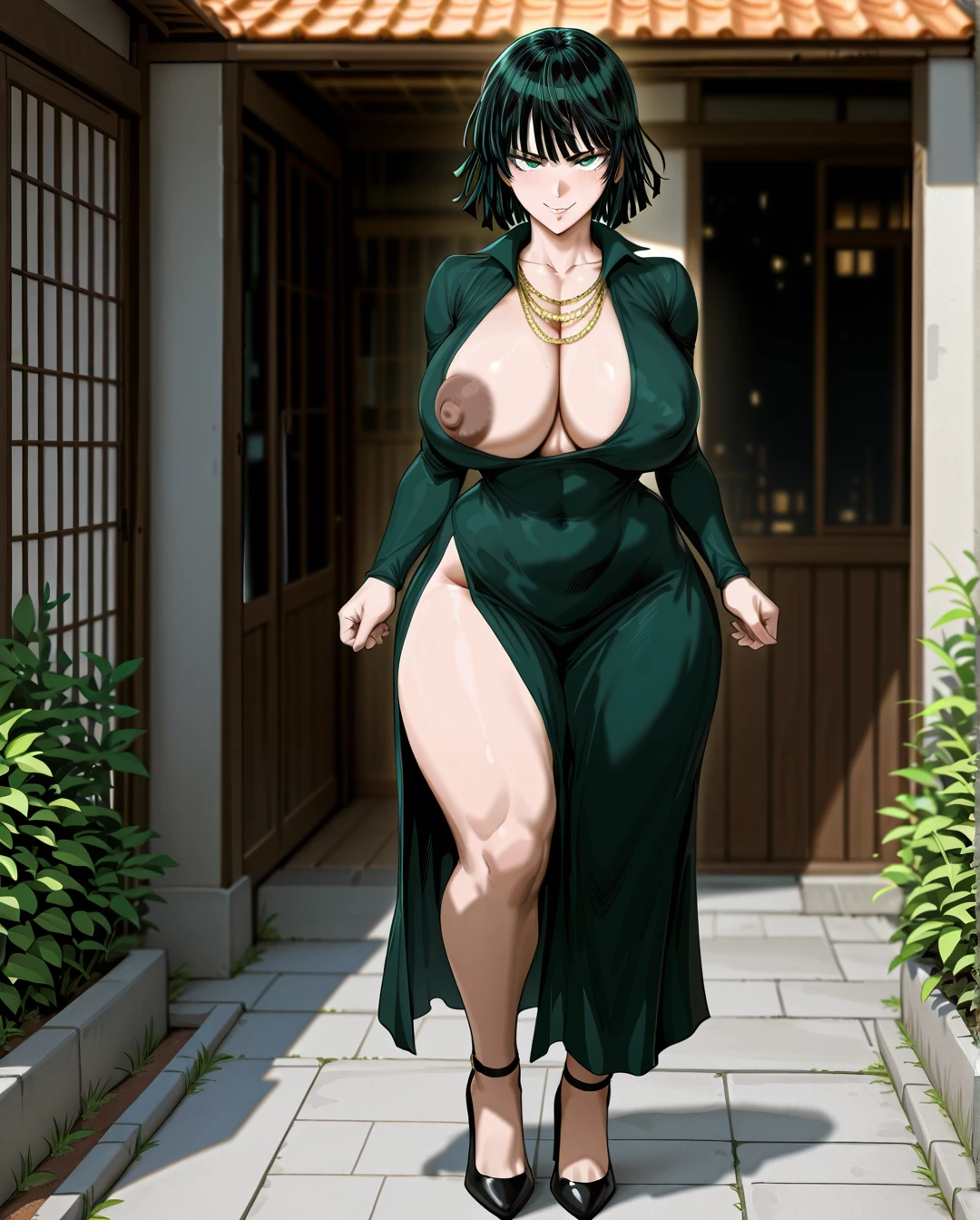 kunaboto, @fubuki_one-punch_man, big breasts, puffy nipples, dark nipples, thick thighs, curvy, standing, school yard, clothed, nipple slip, heels, naughty face