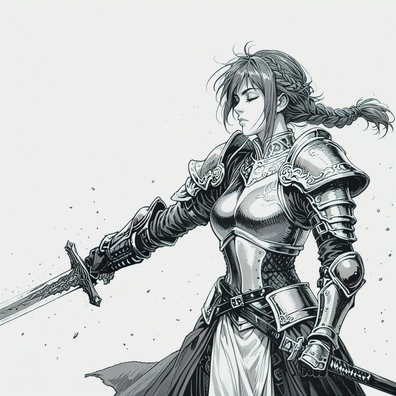 of a woman holding a sword and a sword blade is on her, monochrome, greyscale, weapon, solo, sword, armor, 1girl, holding, closed eyes, white background, holding weapon, simple background, holding sword, shoulder armor, braid, pauldrons