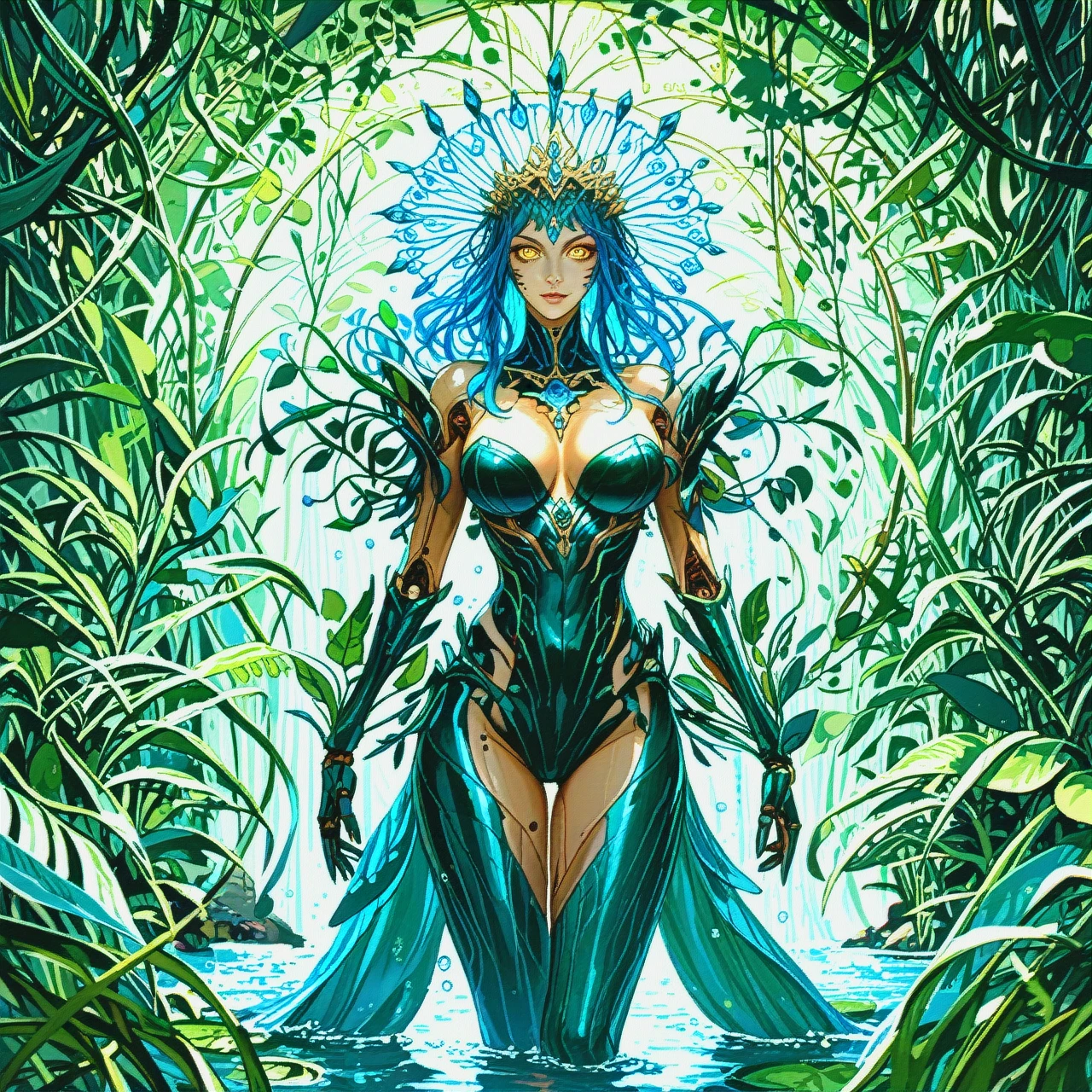 A striking scene set on a distant alien world, showcasing a female humanoid with an eel-like body structure and bipedal exoskeleton. The alien stands tall, her skin glistening in shades of deep sapphire and emerald, with iridescent scales that reflect light in beautiful patterns. Her limbs are slender yet strong, with elegant joints that suggest both grace and power.   The alien's face is expressive, featuring large, luminous eyes that glow softly, surrounded by delicate fins that frame her head like a crown. Her hair resembles flowing seaweed, cascading down her back and gently swaying as if in water.