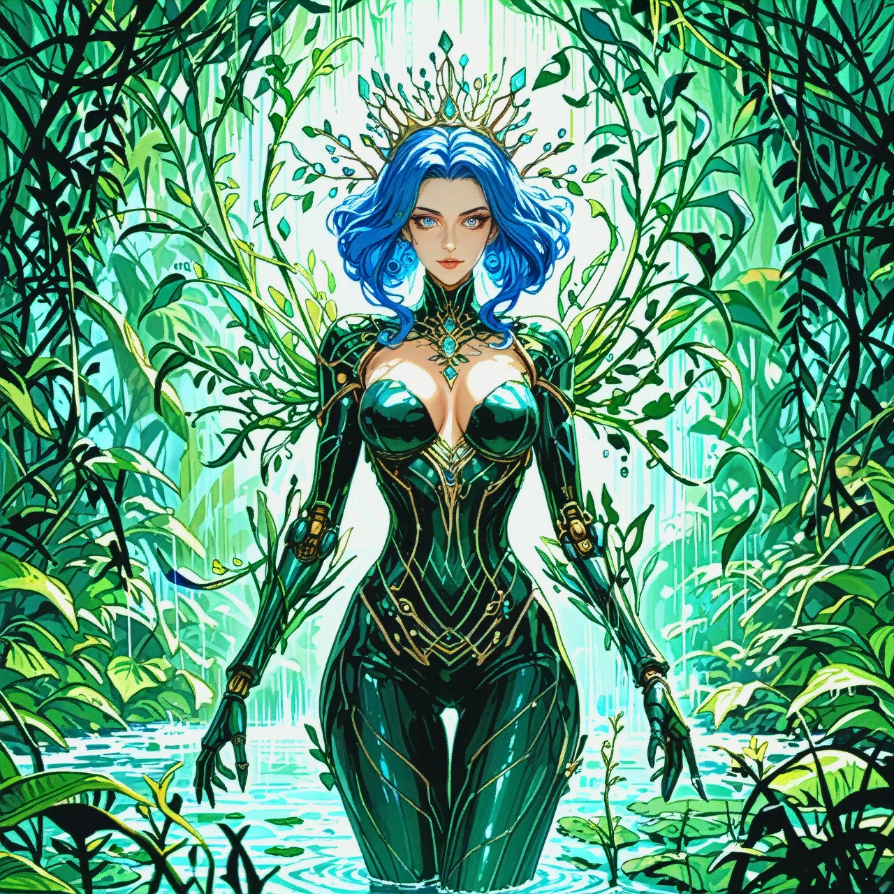 A striking scene set on a distant alien world, showcasing a female humanoid with an eel-like body structure and bipedal exoskeleton. The alien stands tall, her skin glistening in shades of deep sapphire and emerald, with iridescent scales that reflect light in beautiful patterns. Her limbs are slender yet strong, with elegant joints that suggest both grace and power.   The alien's face is expressive, featuring large, luminous eyes that glow softly, surrounded by delicate fins that frame her head like a crown. Her hair resembles flowing seaweed, cascading down her back and gently swaying as if in water.