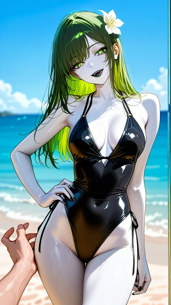 Take the photo so that their entire body is visible in the image, from head to toe.    A girl have long green hair and green eyes. She have a skinny and sexy body. She have white skin. She have black nails. She have black lips. She wearing black swimsuit. She is in beach. She have 23 year's old.  (standing) (hand_on_hip) (evil_smile) (head_tilt) (flower-shaped_pupils) (medium_breasts) (open_mouth)