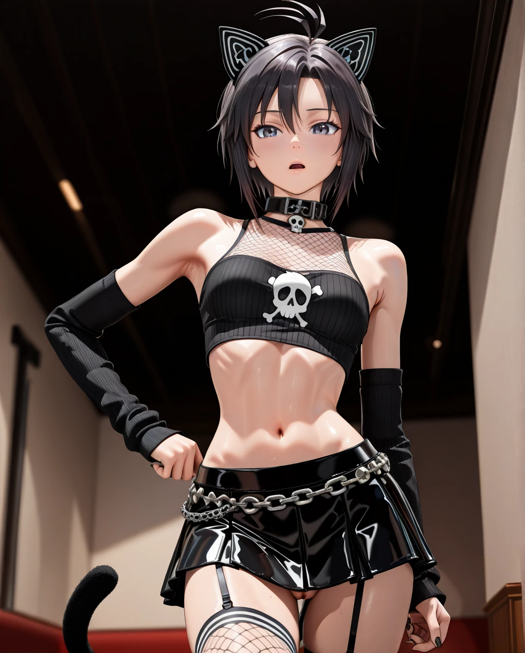 photorealistic (3D_AAA) (3D_anime) (thick_mouth-lips) (realistic_skin), ((very narrow waist)), (skinny) ((full_face)) petite_body (wide_hips) (open_mouth) (black_cut-hair) (bored) (presenting_armpit) (arm warmers) (black_nails) (Striped_high_thighs-socks) (collar_skull-bone) (tube_top) (blue_eyes) ((purple)) (artificial_cat-ears) (fishnet_shirt) (chain_belt) (taut_skirt) (vagina) (artificial_tail) (crossed_legs) @kikuchi_makoto (hand_on_hip)