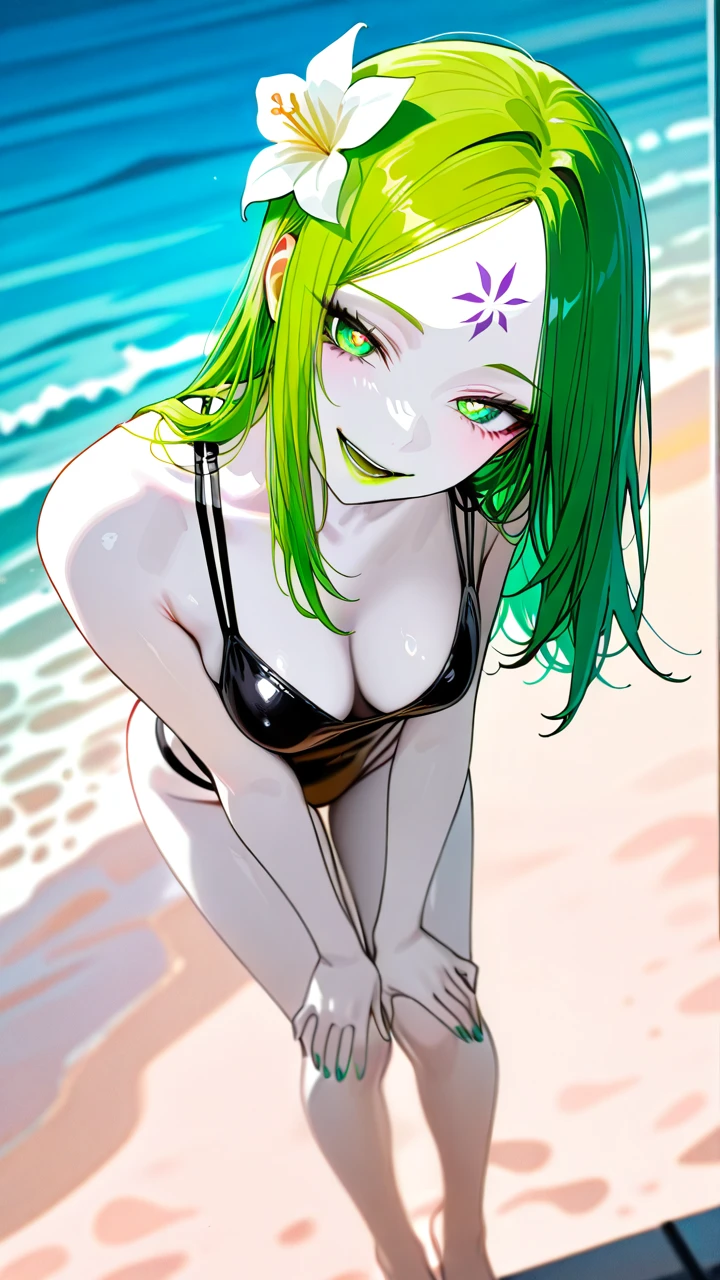 Take the photo so that their entire body is visible in the image, from head to toe.    A girl have long green hair and green eyes. She have a skinny and sexy body. She have white skin. She have green nails. She have green lips. She wearing black swimsuit. She is in beach. She have 23 year's old.  (standing) (bent_over) (evil_smile) (head_tilt) (forehead) (flower-shaped_pupils) (medium_breasts) (open_mouth)