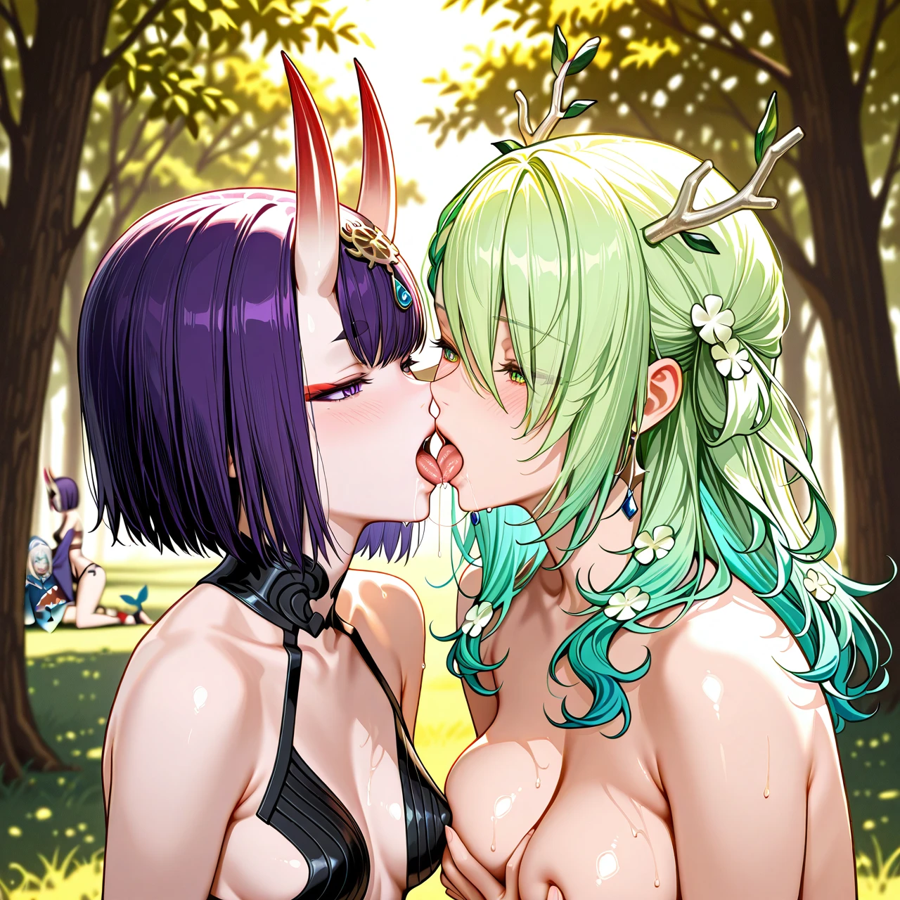 @shuten_douji , @ceres_fauna , @gawr_gura , 3girls , tree ,  triple kiss , groups , tongue long , saliva , grabbing , fingering ,