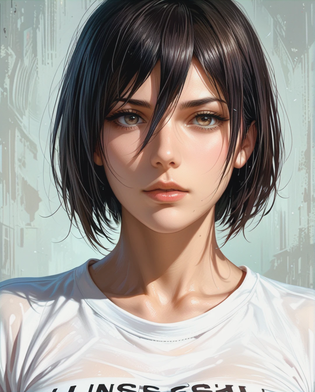 Mikasa Ackerman,Face chest focus, Realistic Realistic , sleeve shirt ,