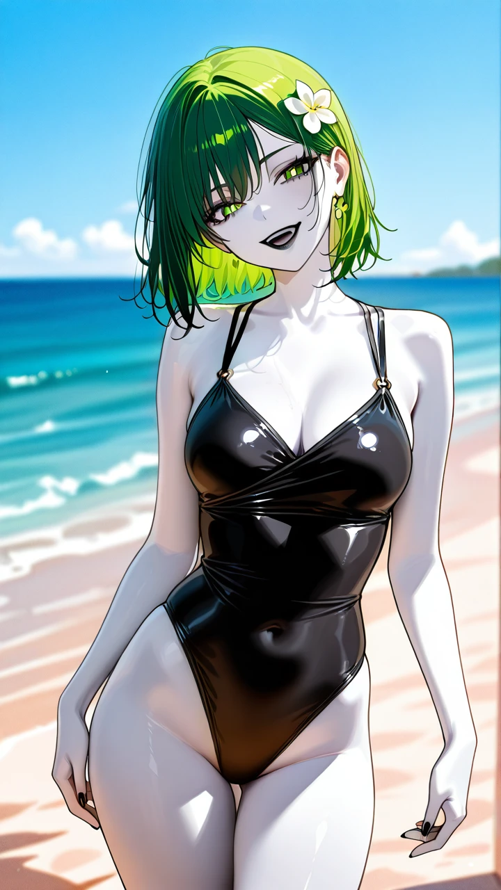 Take the photo so that their entire body is visible in the image, from head to toe.    A girl have long green hair and green eyes. She have a skinny and sexy body. She have white skin. She have black nails. She have black lips. She wearing black swimsuit. She is in beach. She have 23 year's old.  (standing) (hand_on_hip) (evil_smile) (head_tilt) (flower-shaped_pupils) (medium_breasts) (open_mouth)