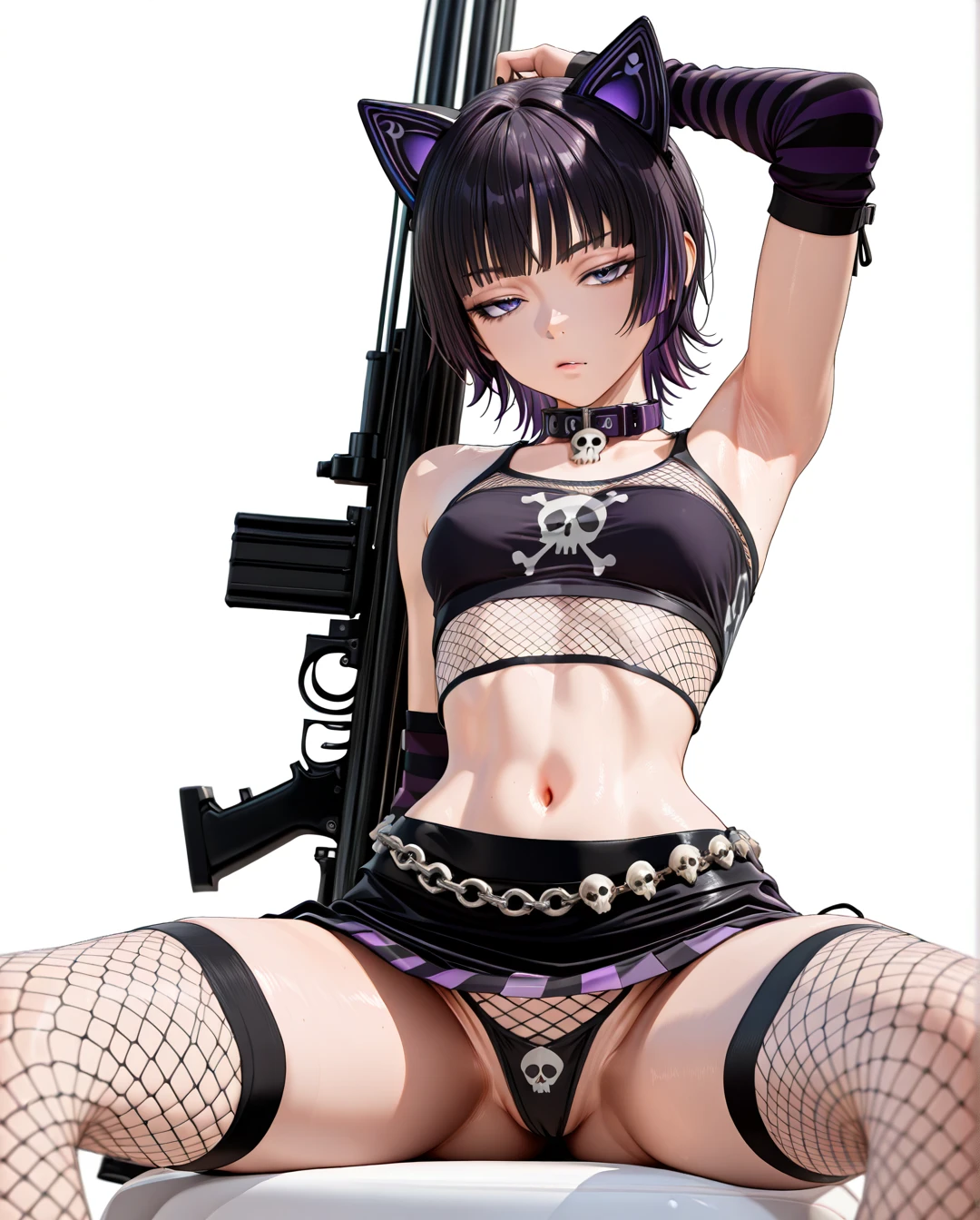 photorealistic (3D_AAA) (3D_anime) (thick_mouth-lips) (realistic_skin), ((very narrow waist)), (skinny) ((full_face)) petite_body (wide_hips) (open_mouth) (black_cut-hair) (bored) (presenting_armpit) (leg_up) (legs_apart) (arm warmers) (black_nails) (Striped_high_thighs-socks) (collar_skull-bone) (panties) (tube_top) (blue_eyes) (pink_and_black) ((purple)) (((white background))) (artificial_cat-ears) (fishnet_shirt) (chain_belt) (long_rifle) (string_panties) (sitting) (taut_skirt) (training_room)