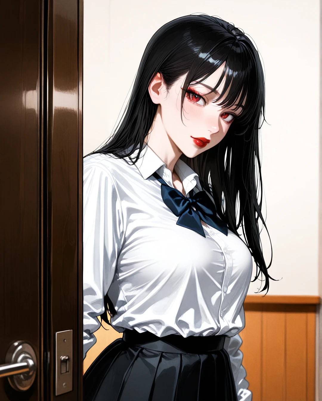 take a photo where the girl is at school. In the school office. In a white shirt. In a black skirt. She has beige skin. Red lips. Dark long hair. She stands tall