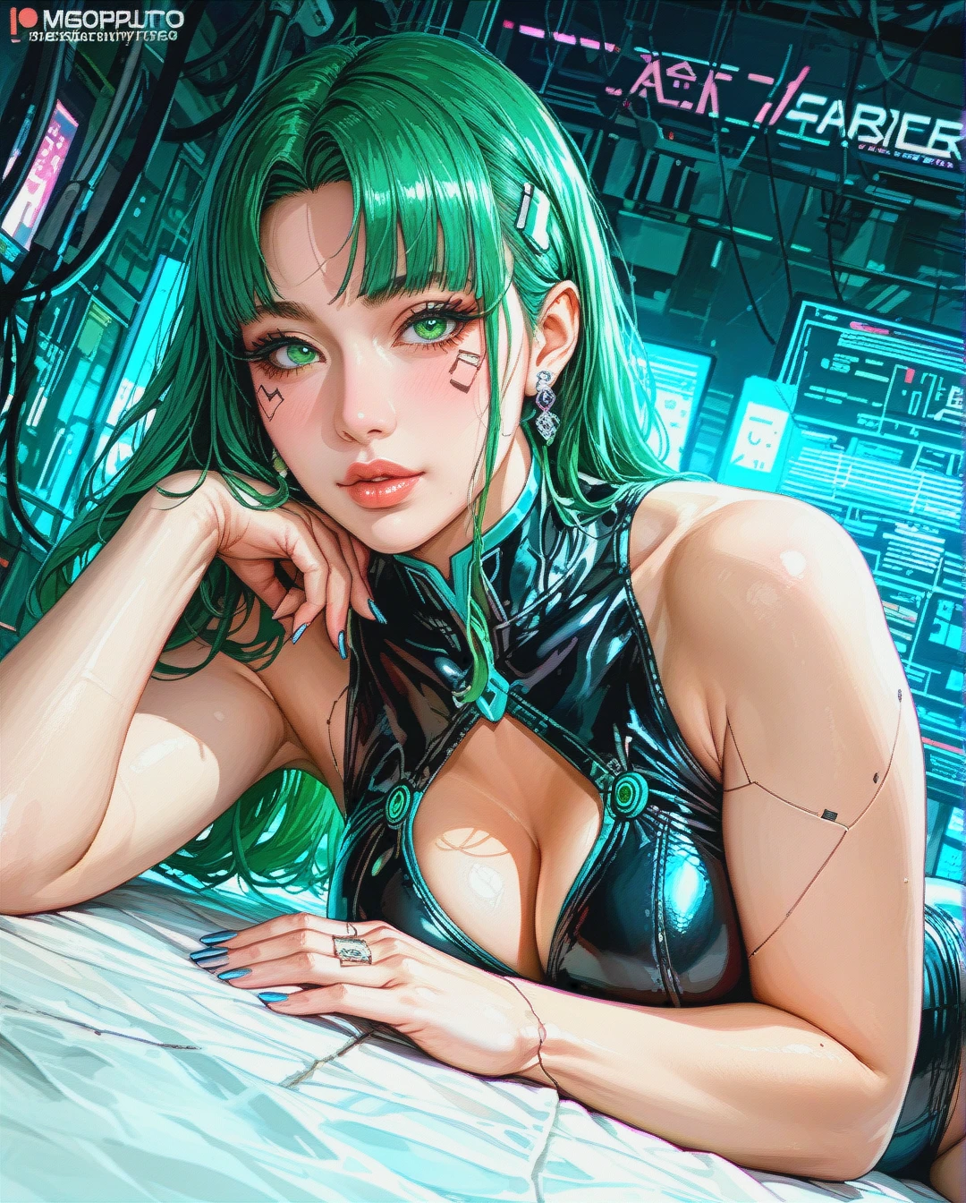 Whore Korean Milf's Portrait, Big Tight Breats, Plump lips, Green eyes, lovely looks, inviting pose, cyberpunk, cosplay clothes, lie on side.