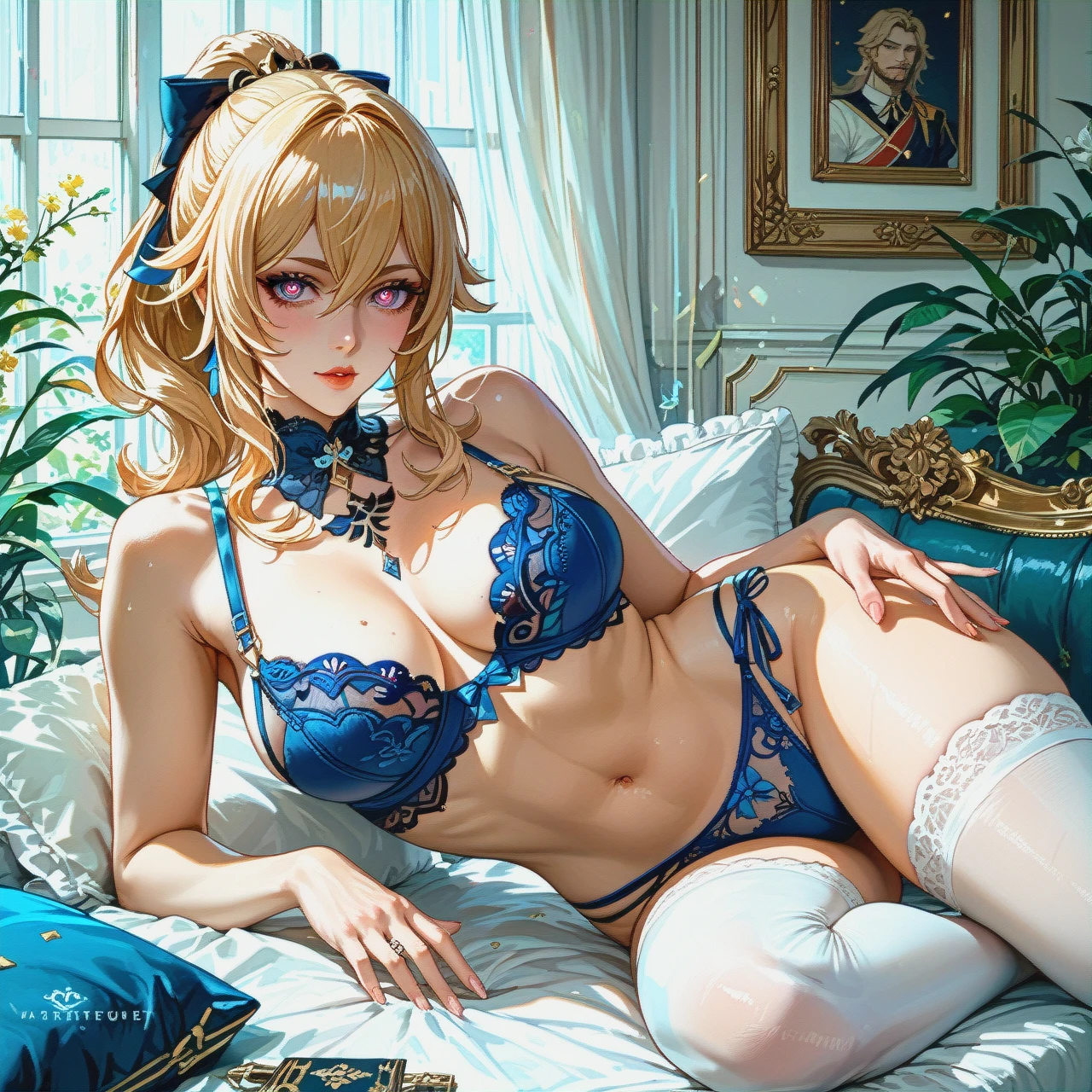 Jean from genshin impact, sexy underwear, sexy bra, sexy panties, stockings, Make-up, provocative pose, Hearts pupils