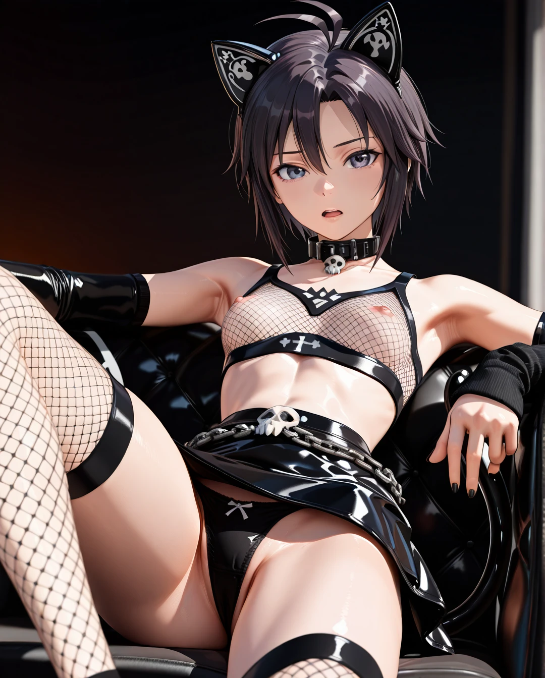 photorealistic (3D_AAA) (3D_anime) (thick_mouth-lips) (realistic_skin), ((very narrow waist)), (skinny) ((full_face)) petite_body (wide_hips) (open_mouth) (black_cut-hair) (bored) (presenting_armpit) (arm warmers) (black_nails) (high_thighs-socks) (collar_skull-bone) (blue_eyes) ((purple)) (artificial_cat-ears) (fishnet_shirt) (chain_belt) (_skirt) (panties) (artificial_tail) (crossed_legs) @kikuchi_makoto (hand_on_hip) (breastless_clothes) (reclining)