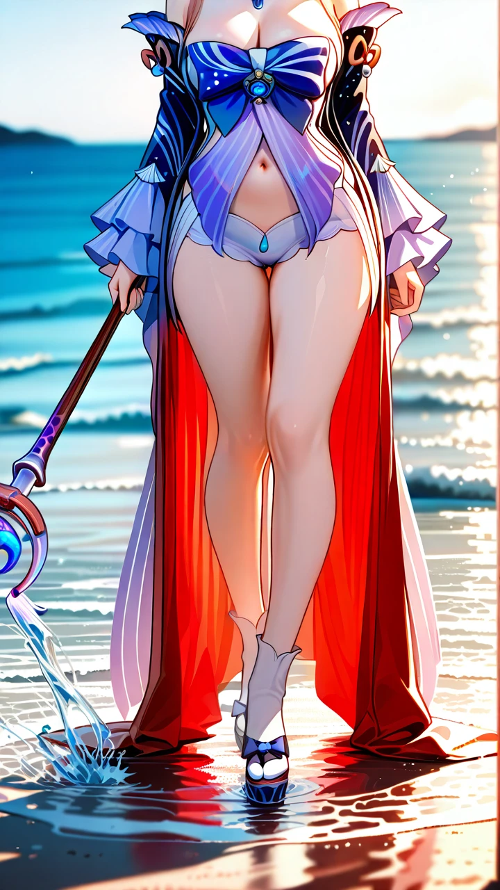 @sangonomiya_kokomi,white traditional kimono,fish ornament,water circle, straight standing, close legs,miko long staff,beach,high noon, cleavage breasts, medium breasts, adult women, slim body, abdomen revealed, manipulating water power,